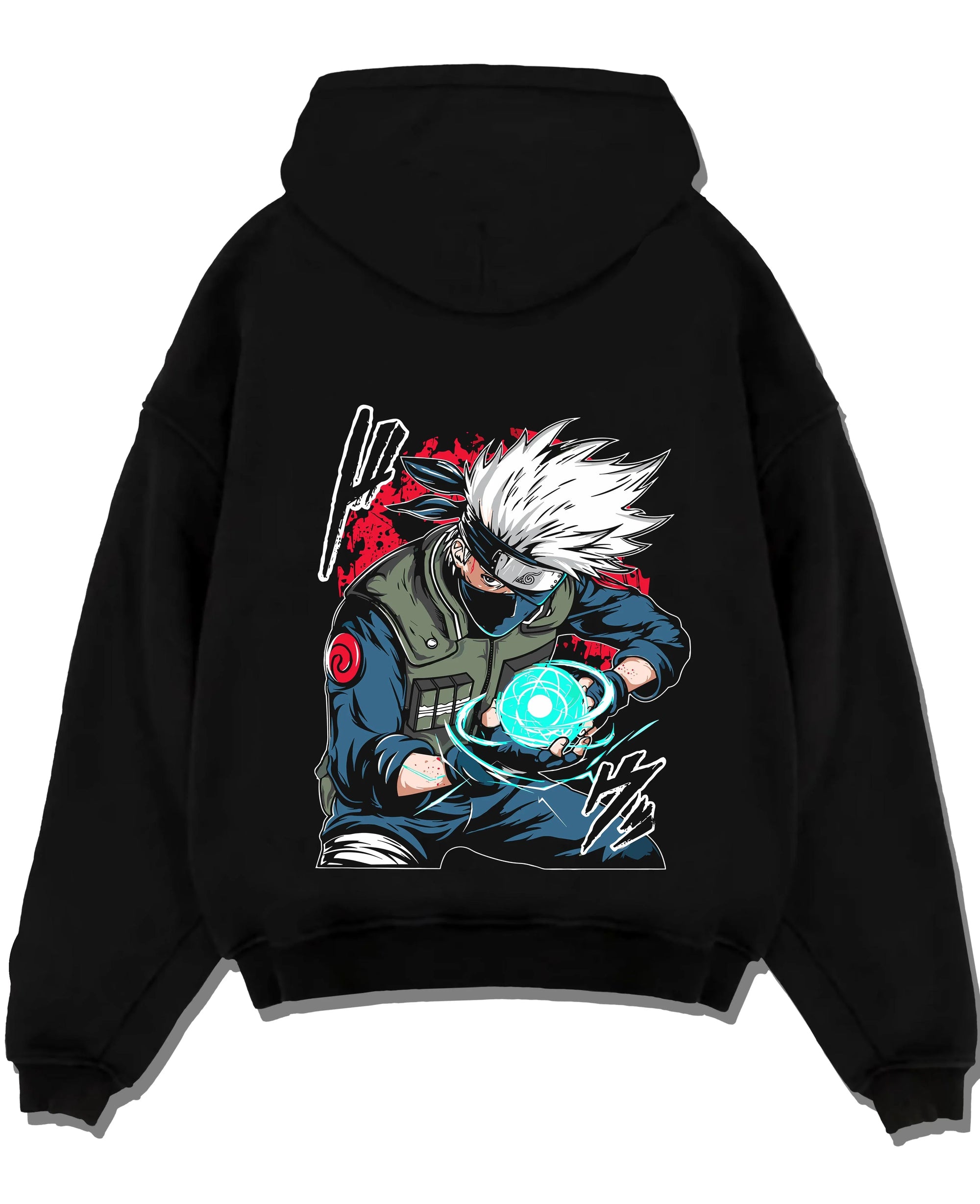 Black pullover hoodie laid flat with Kakashi Hatake Hoodie Naruto Rasengan Jonin Pose graphic premium wear.