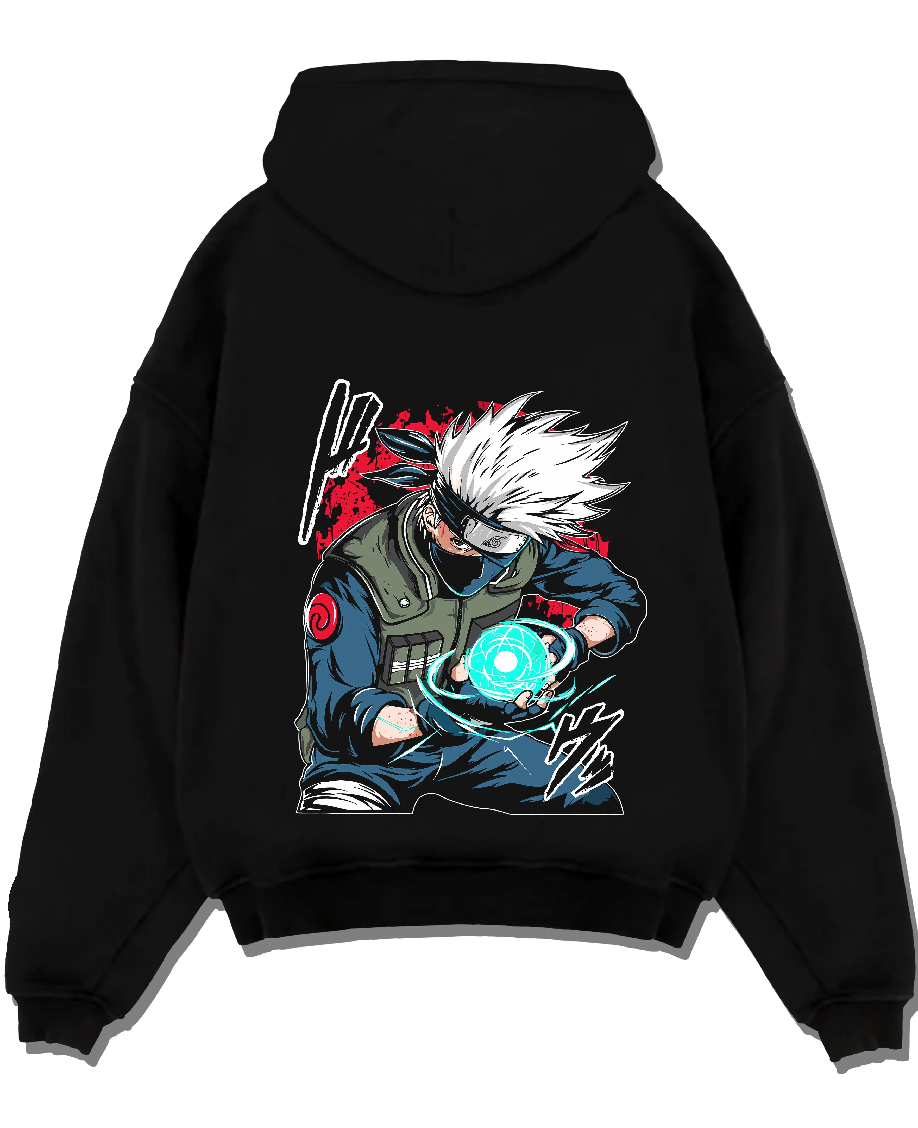 Black pullover hoodie laid flat with Kakashi Hatake Hoodie Naruto Rasengan Jonin Pose graphic premium wear.