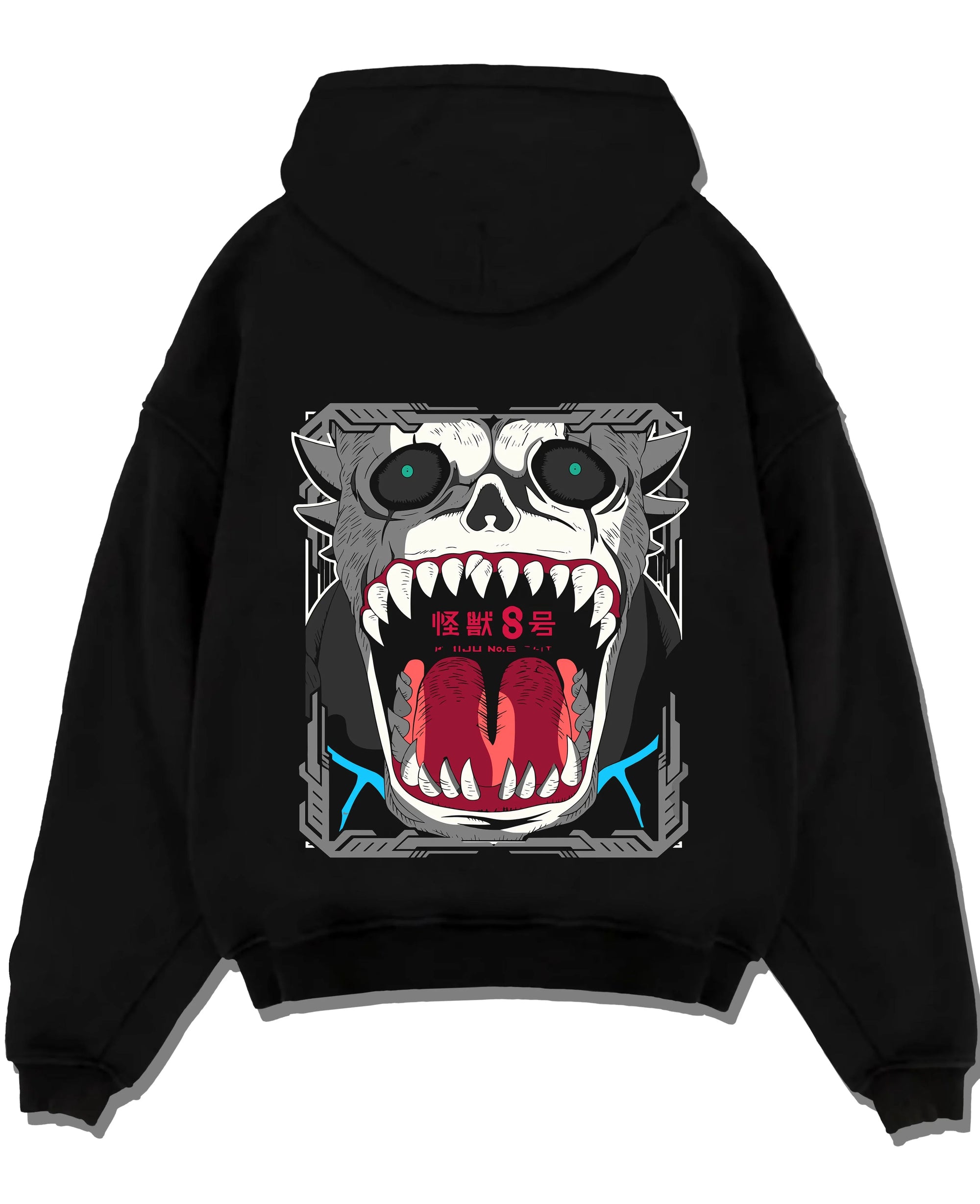 Black pullover hoodie laid flat with Kikoru Shinomiya Hoodie Kaiju No. 8 Defense Force graphic bold anime graphic.