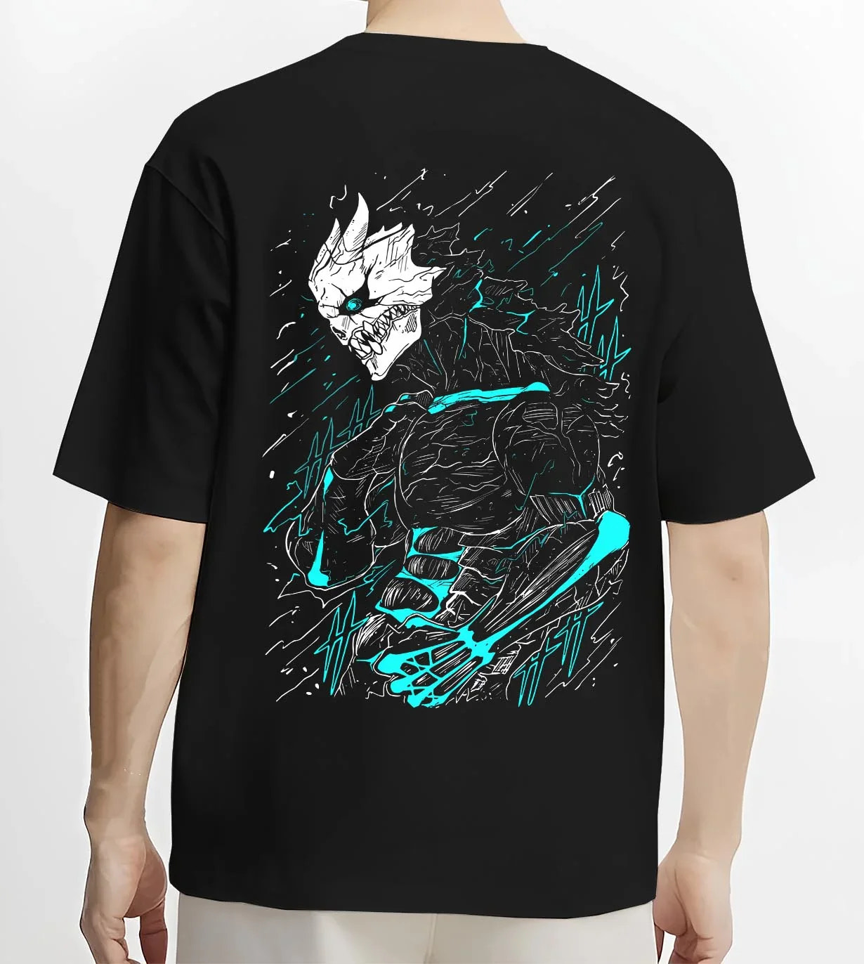 Black T-shirt worn by male model, back view with Kaiju No. 8 Hoodie Kafka Hibino Monster Transformation graphic streetwear graphic.