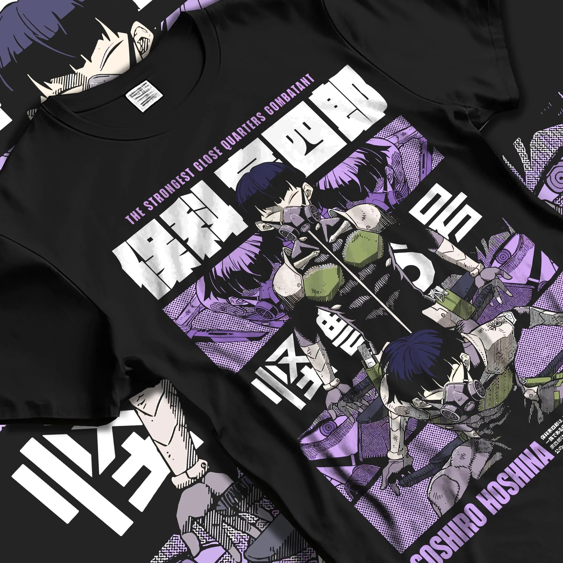 Black T-shirt laid flat with natural folds with Soshiro Hoshina Hoodie Kaiju No. 8 Defense Force Captain graphic premium wear.