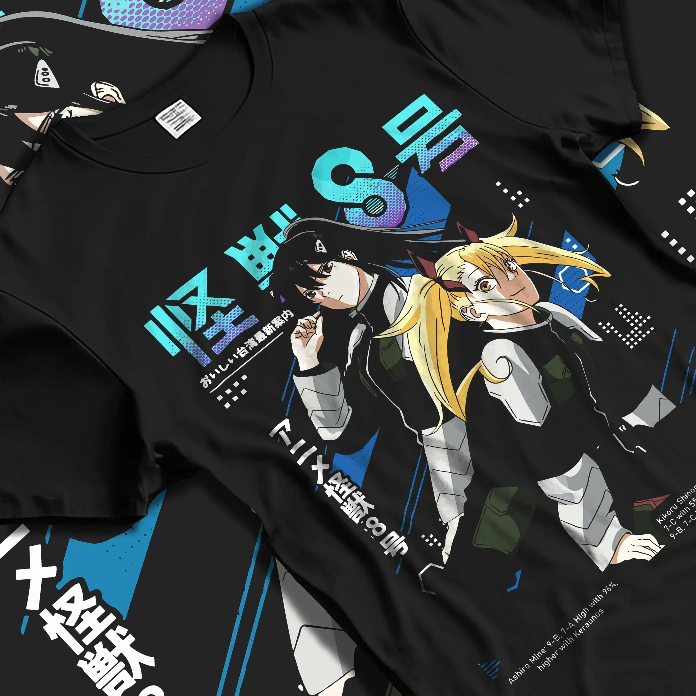 Black T-shirt laid flat with natural folds with Kaiju No. 8 Hoodie Defense Force Team Stance graphic streetwear graphic.