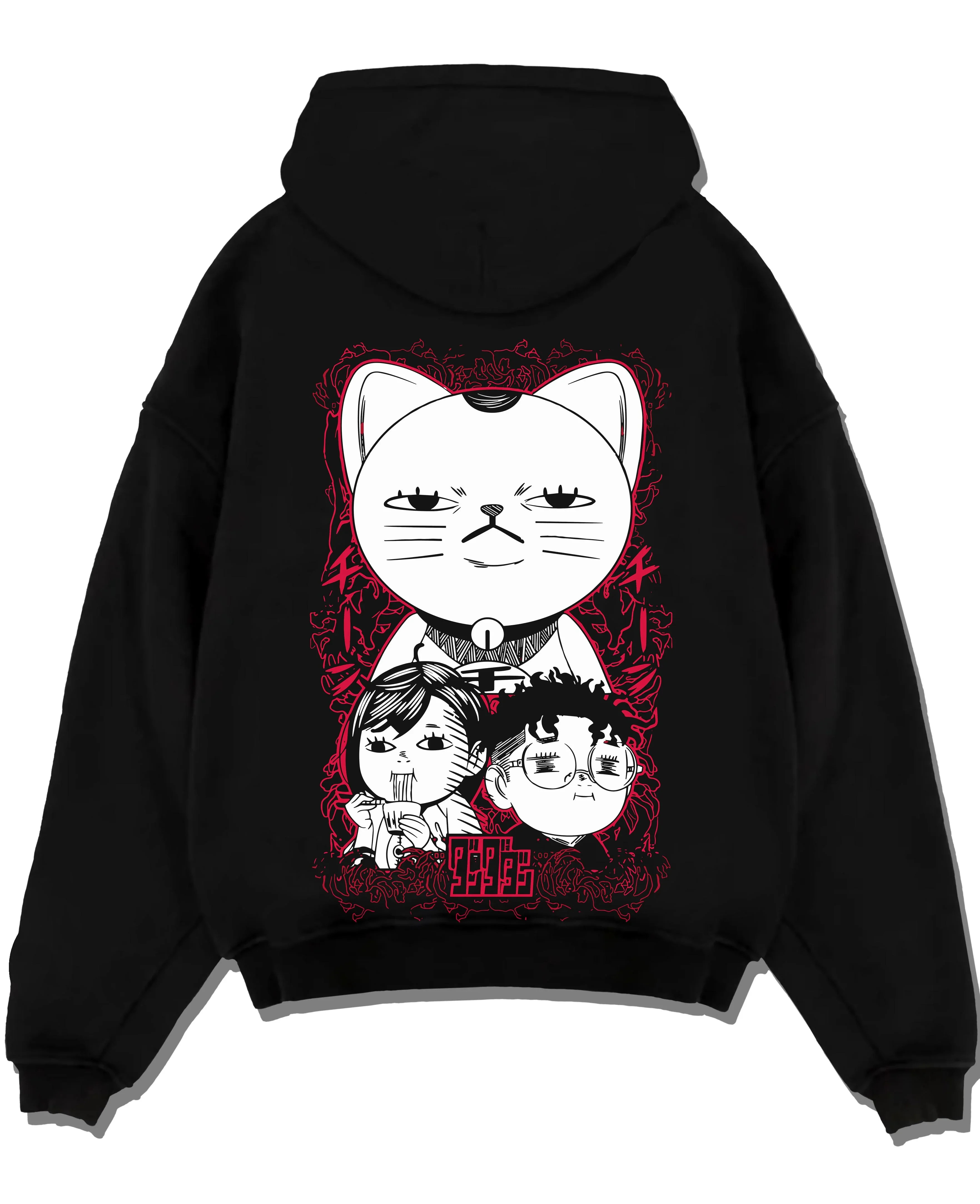 Black pullover hoodie laid flat with Dandadan Turbo Granny Hoodie Lucky Cat Anime Jumper graphic streetwear graphic.