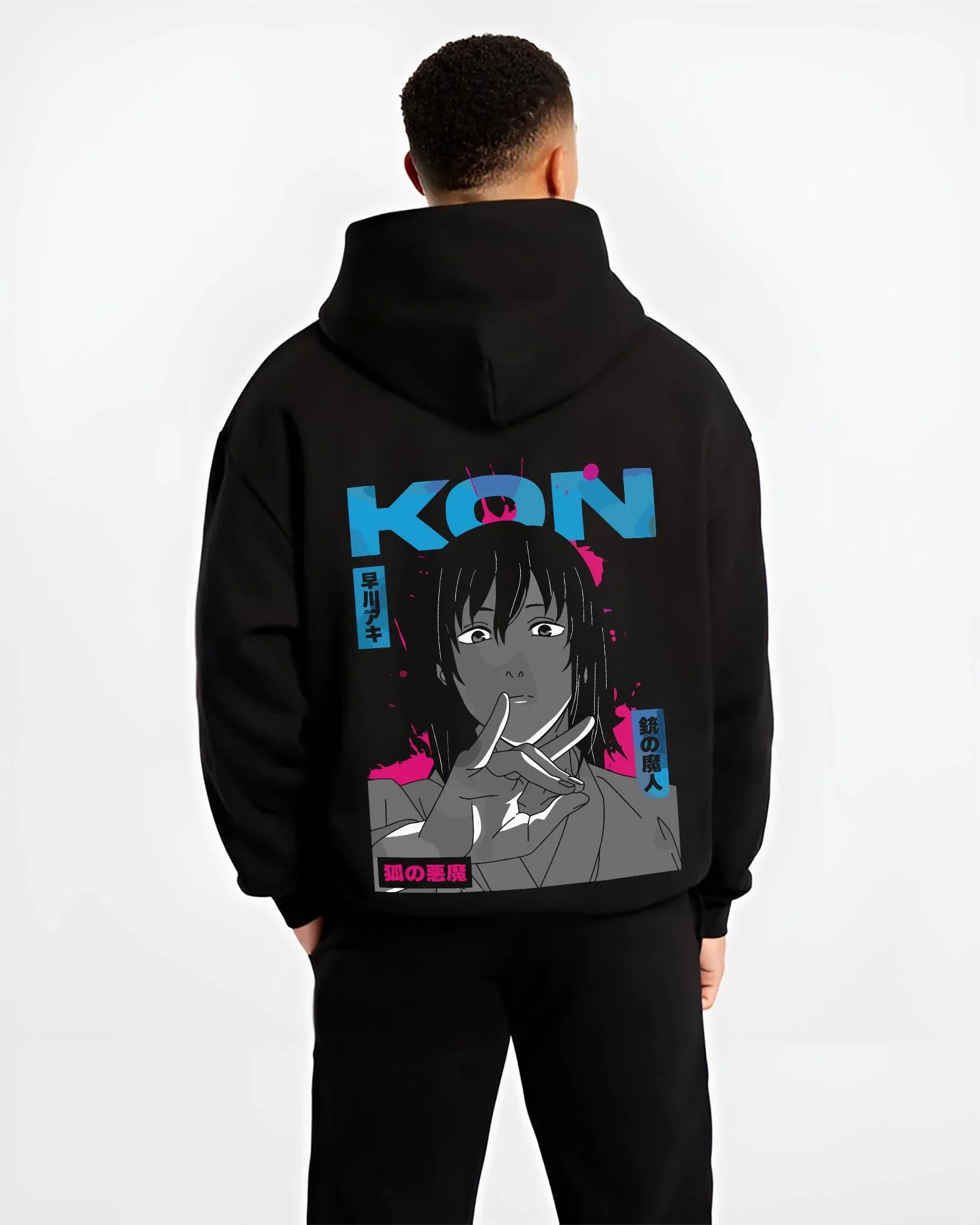 Black hoodie worn by male model, back view with Chainsaw Man Hoodie Aki Hayakawa Calm Determined Look graphic premium wear.