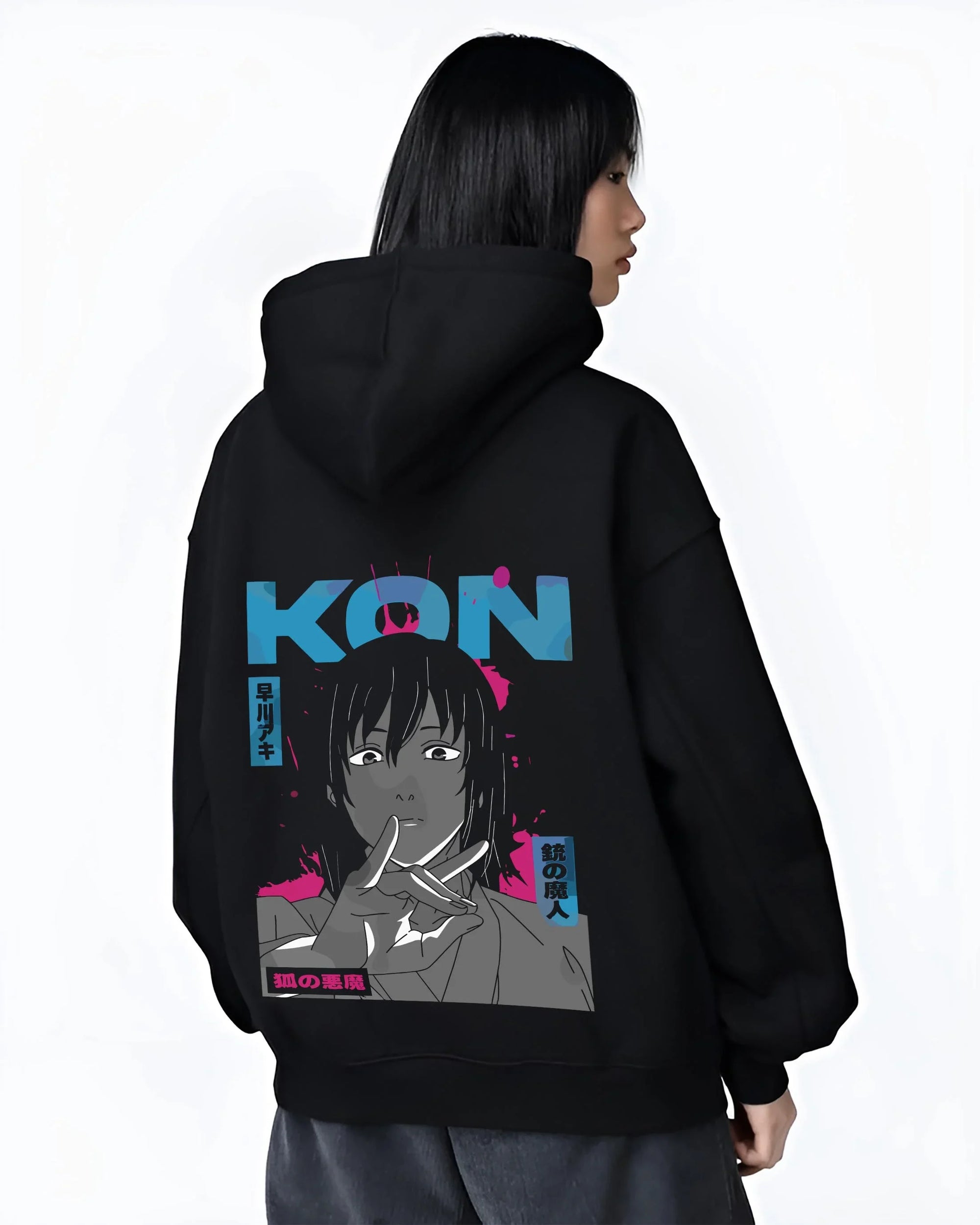 Black hoodie worn by female model, back view with Chainsaw Man Hoodie Aki Hayakawa Calm Determined Look graphic streetwear graphic.