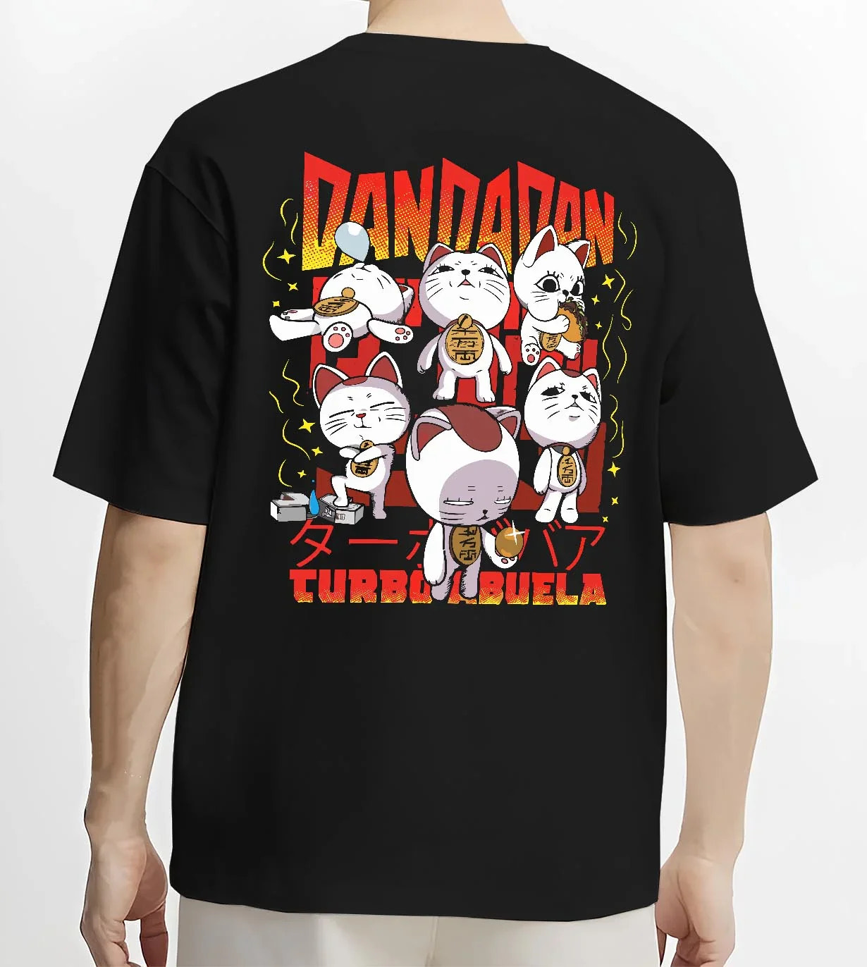 Black T-shirt worn by male model, back view with Dandadan Turbo Granny Hoodie Cat Spirits Anime Jumper graphic streetwear graphic.