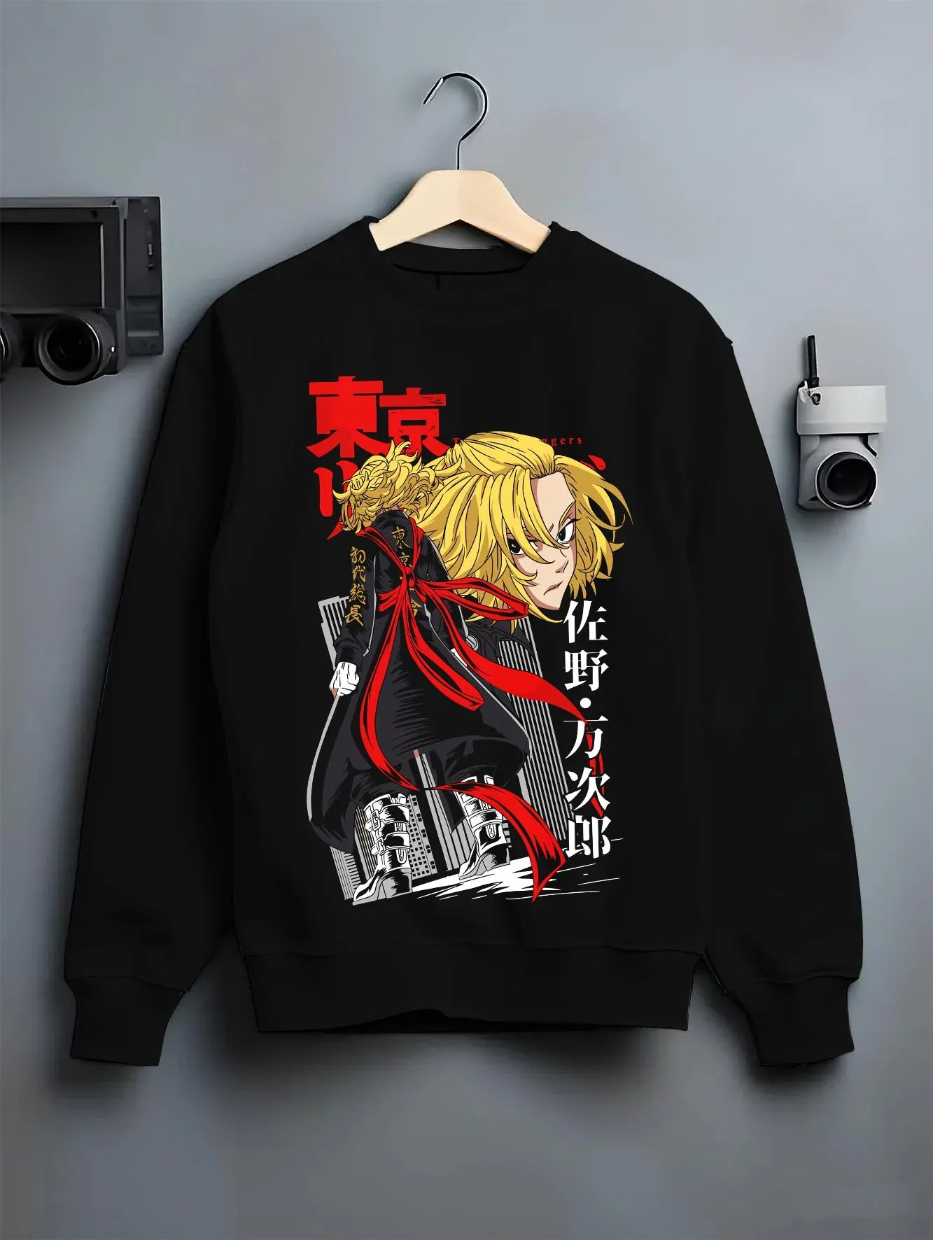 Black crewneck sweatshirt on hanger with Kaiju No. 8 Final Form Moment Hoodie Dynamic graphic premium wear.