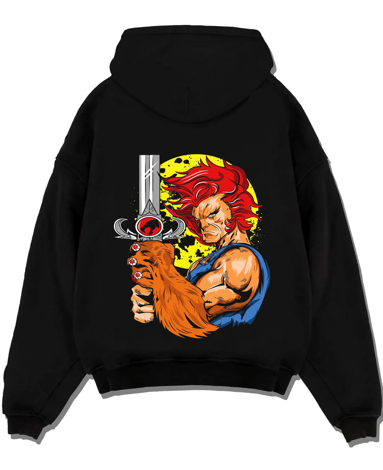 Black pullover hoodie laid flat with Kaiju No. 8 Squad Fighters Ready Hoodie Action graphic bold anime graphic.