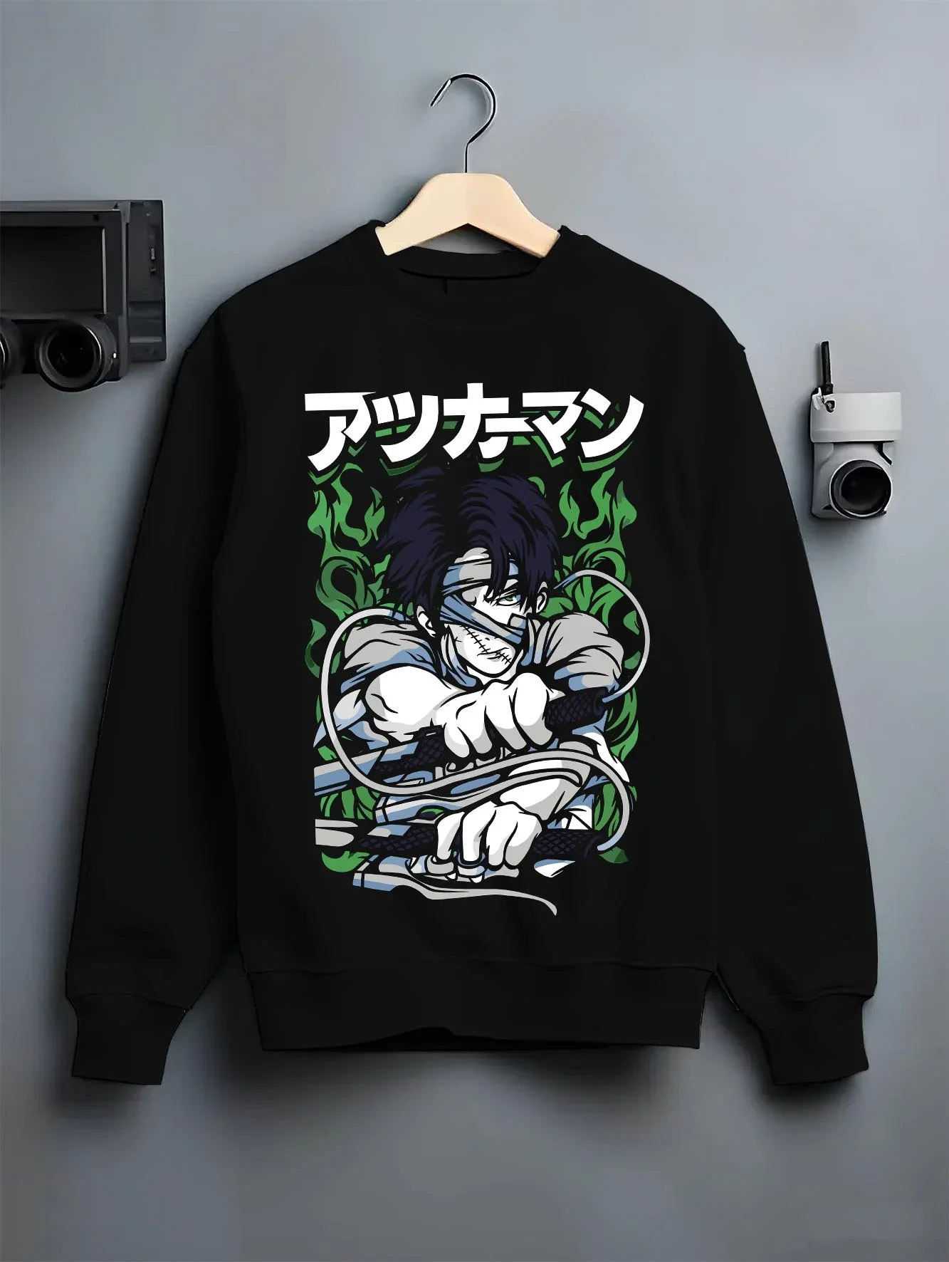 Black crewneck sweatshirt on hanger with Demon Slayer Corps Blood Clash Hoodie Intense graphic bold anime graphic.