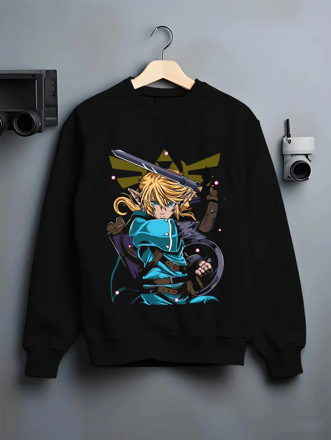 Black crewneck sweatshirt on hanger with King of Fighters Ryo Sakazaki Hoodie Fight graphic streetwear graphic.