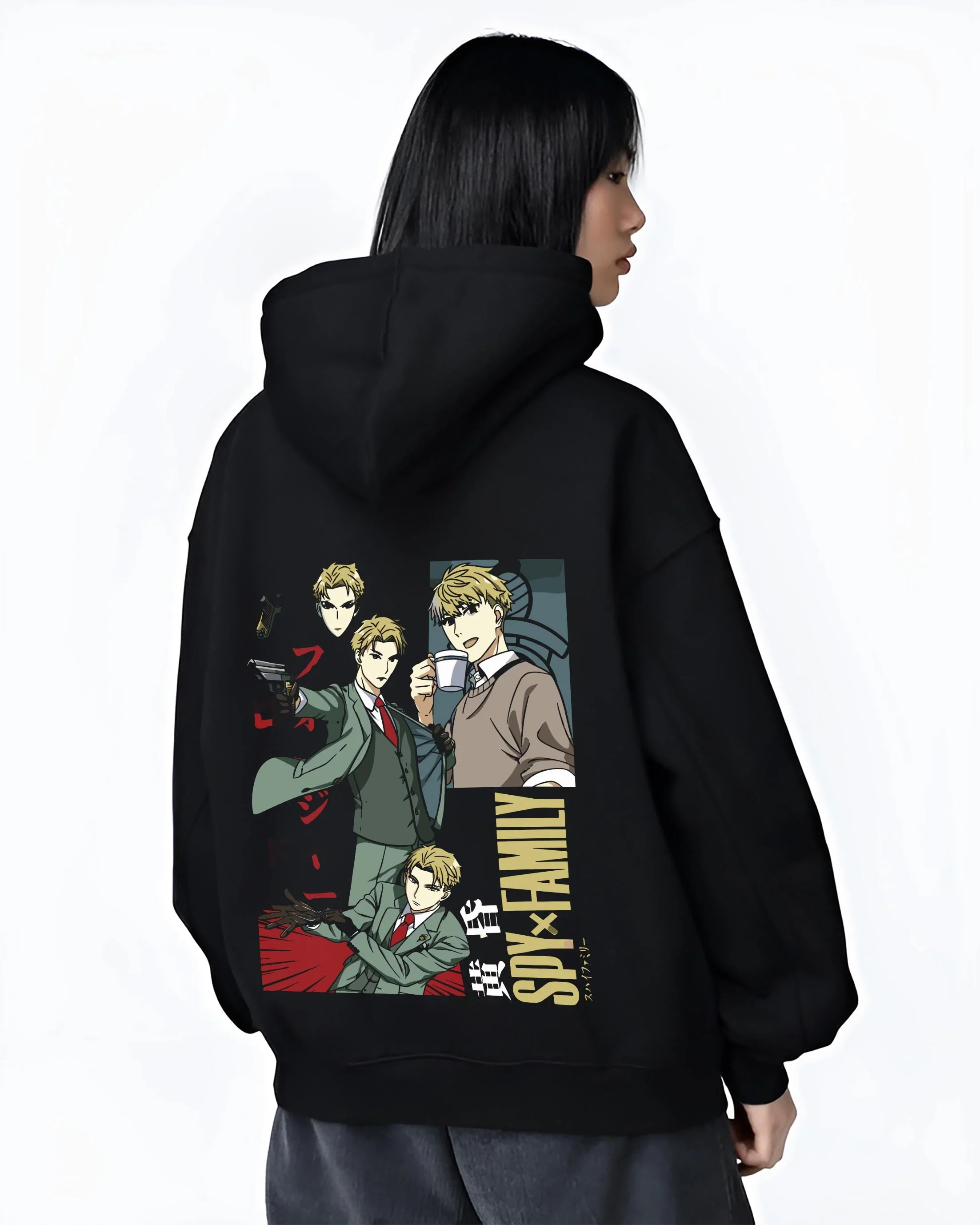 Black T-shirt worn by male model, back view, featuring nostalgic 90s inspired Spy x Family Loid Forger retro anime graphic.