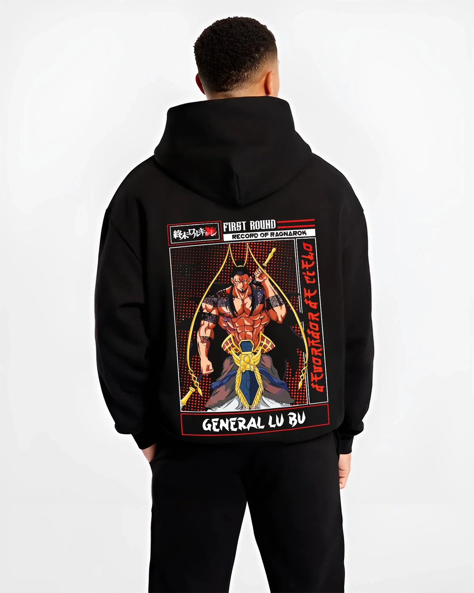 Black hoodie worn by male model, back view with Chainsaw Man Aki Hayakawa Devil Contract Hoodie graphic premium wear.