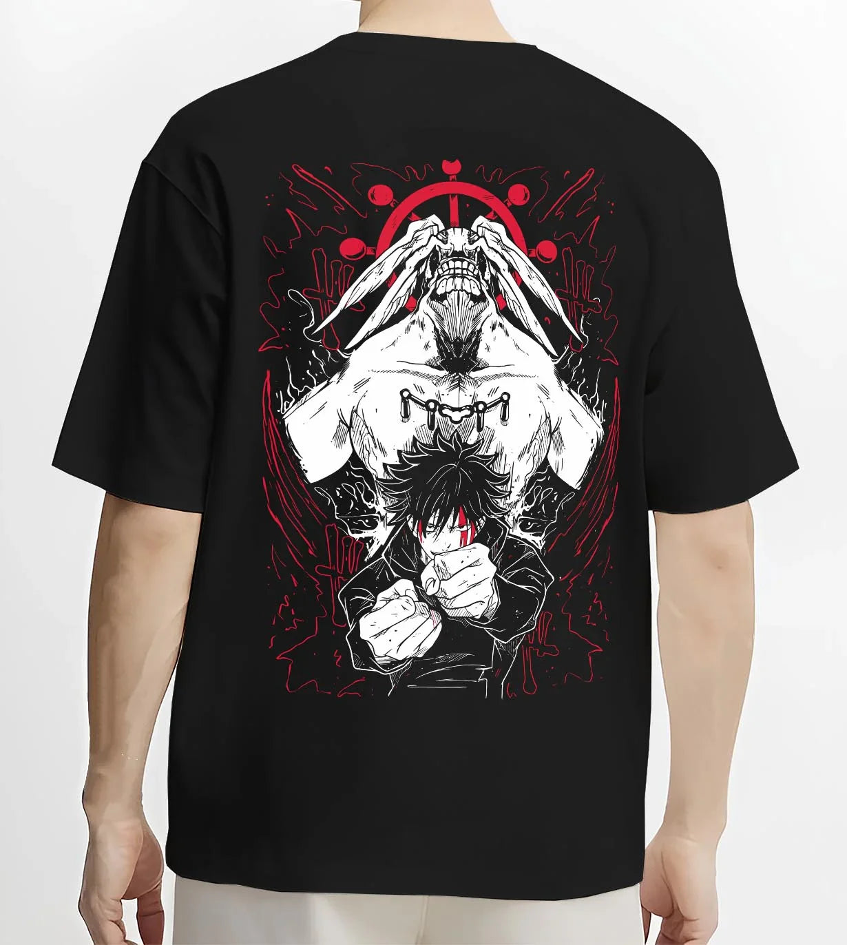 Black T-shirt worn by male model, back view with Mahoraga Hoodie Jujutsu Kaisen Shikigami Beast graphic premium wear.