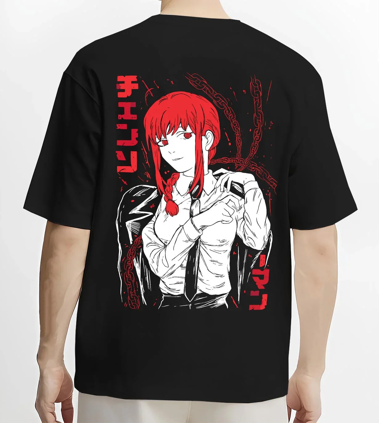 Black T-shirt worn by male model, back view with Makima Pose Hoodie Chainsaw Man Devilish Style graphic Makima anime design.
