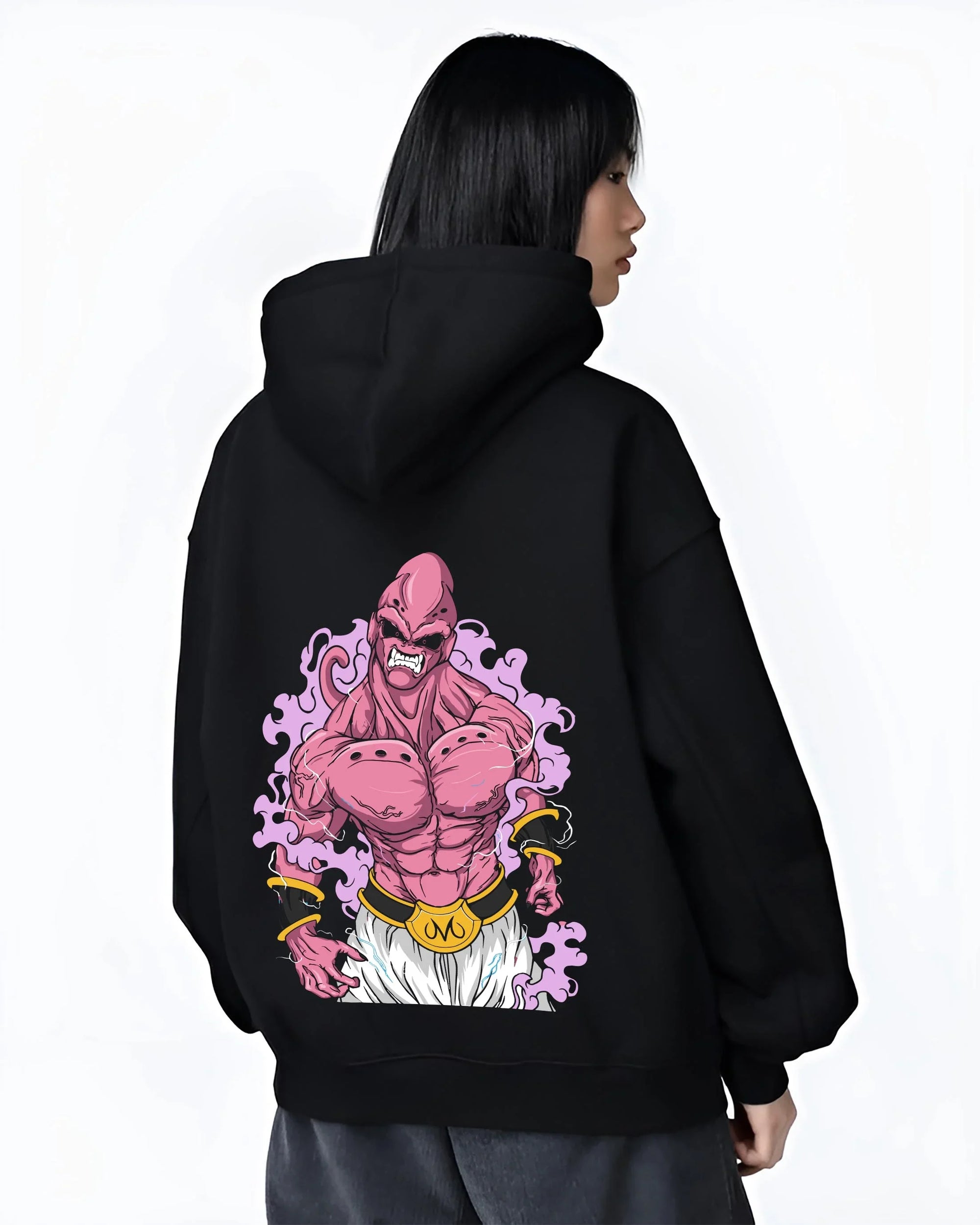 Black hoodie worn by female model, back view with Majin Buu Pure Hoodie Dragon Ball Z Rampage graphic bold anime graphic.