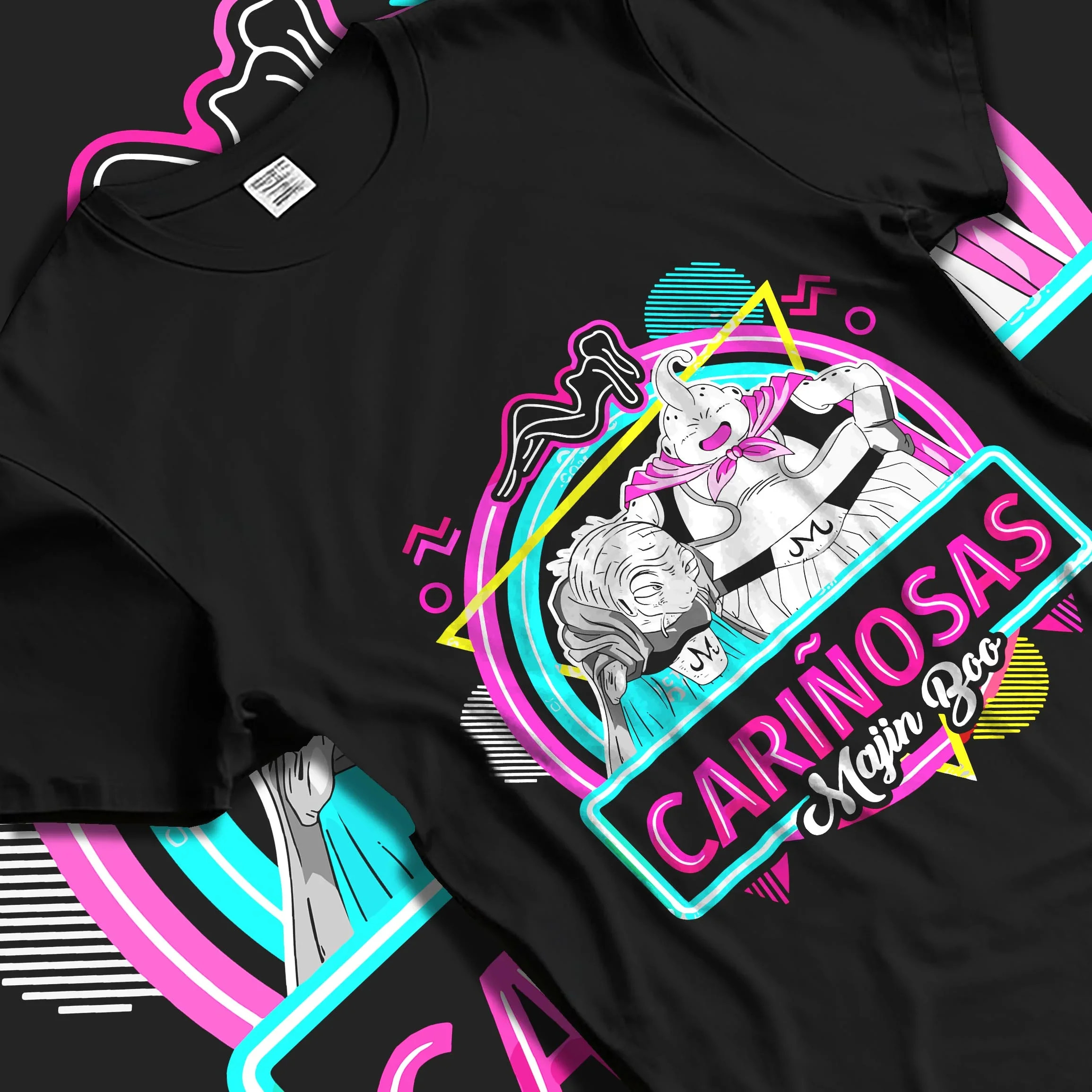 Black T-shirt laid flat with natural folds with Majin Buu Neon Hoodie Dragon Ball Z Carinosas graphic bold anime graphic.