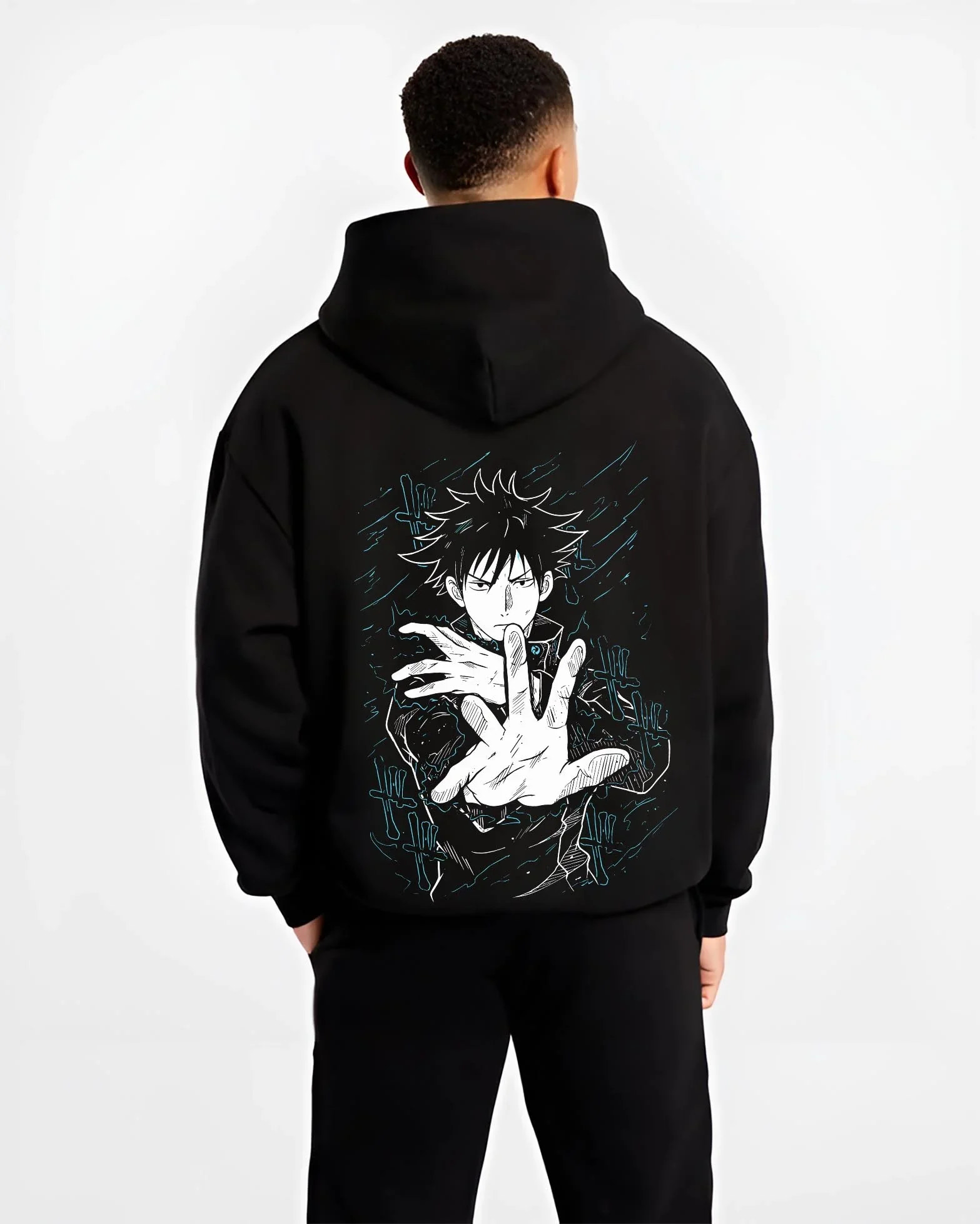Black hoodie worn by male model, back view with Megumi Fushiguro Hoodie Jujutsu Kaisen Shadows graphic streetwear graphic.