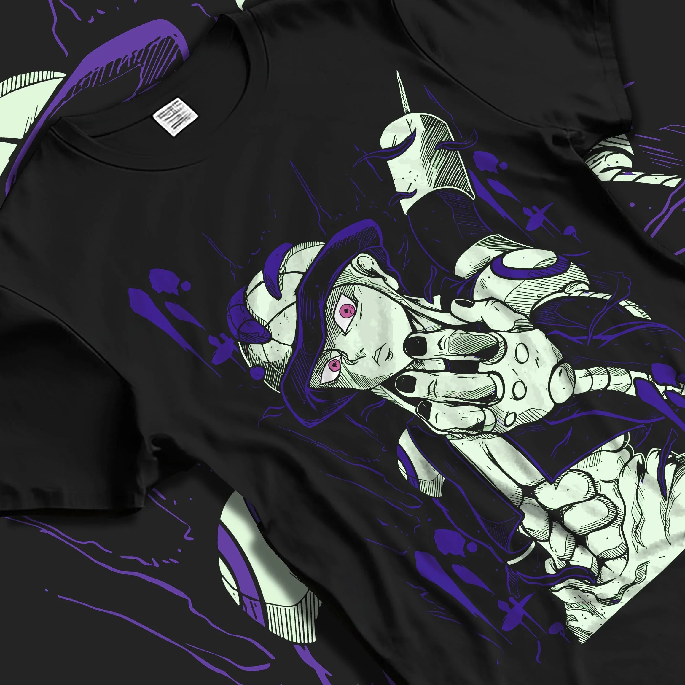 Black T-shirt laid flat with natural folds with Meruem Hoodie Hunter x Hunter Chimera Ant King graphic bold anime graphic.