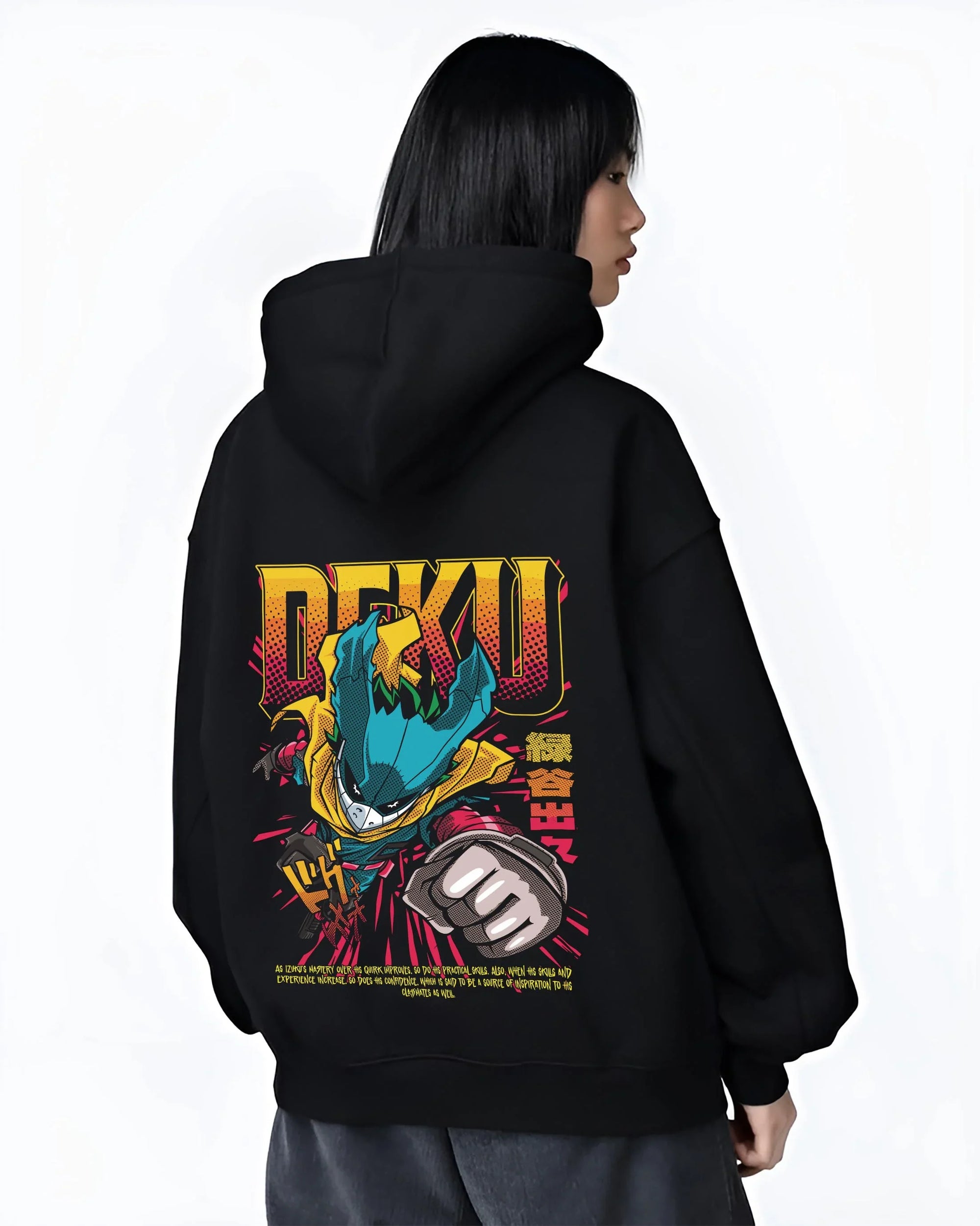 Black hoodie worn by female model, back view with Izuku Midoriya Hoodie My Hero Academia One For All graphic premium wear.