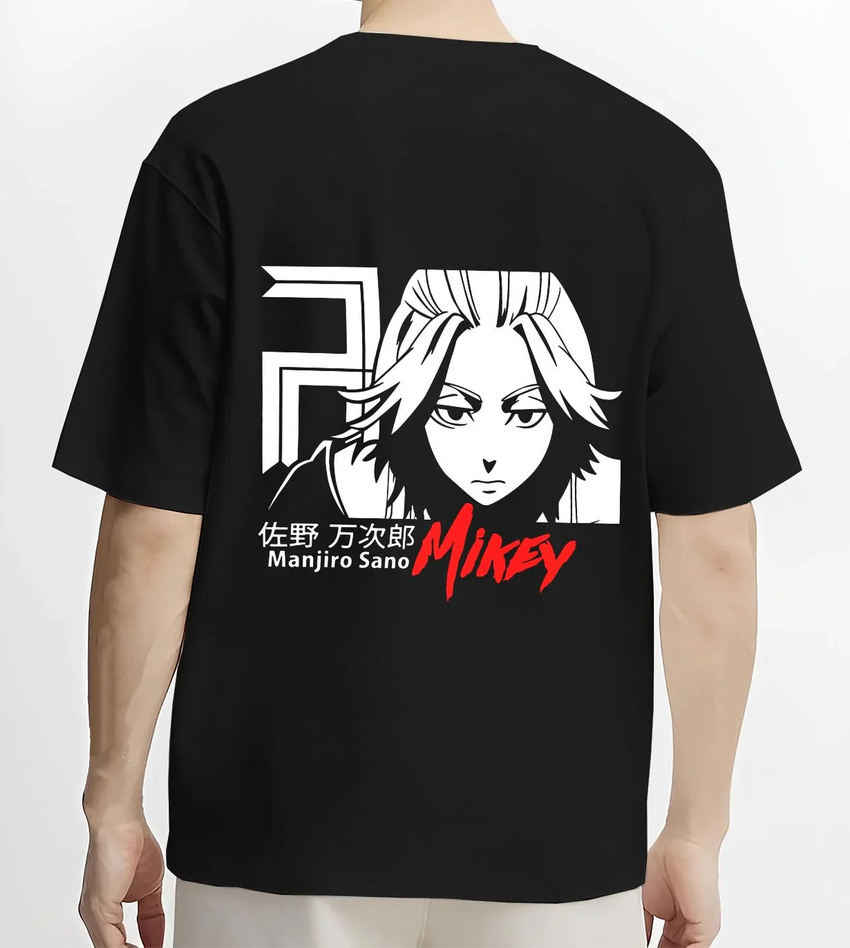 Black T-shirt worn by male model, back view with Manjiro Sano Hoodie Tokyo Revengers Mikey Iconic graphic premium wear.