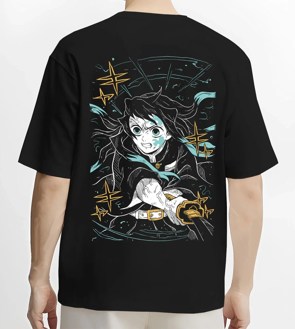 Black T-shirt worn by male model, back view with Shinobu Kocho Hoodie Demon Slayer Butterfly Grace graphic premium wear.
