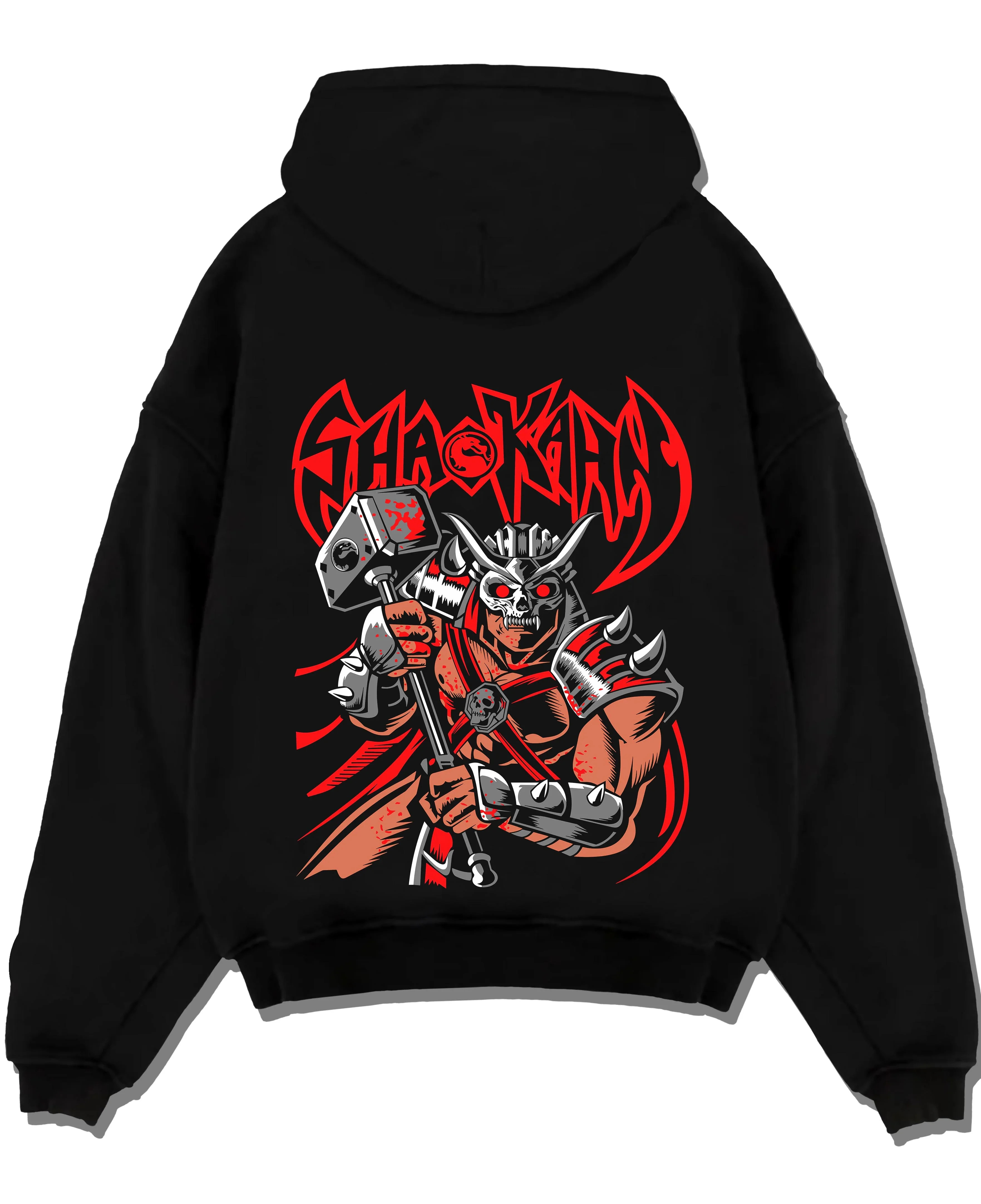 Black pullover hoodie laid flat with Makrost Hoodie Skull Knight Heavy Metal Design graphic bold anime graphic.