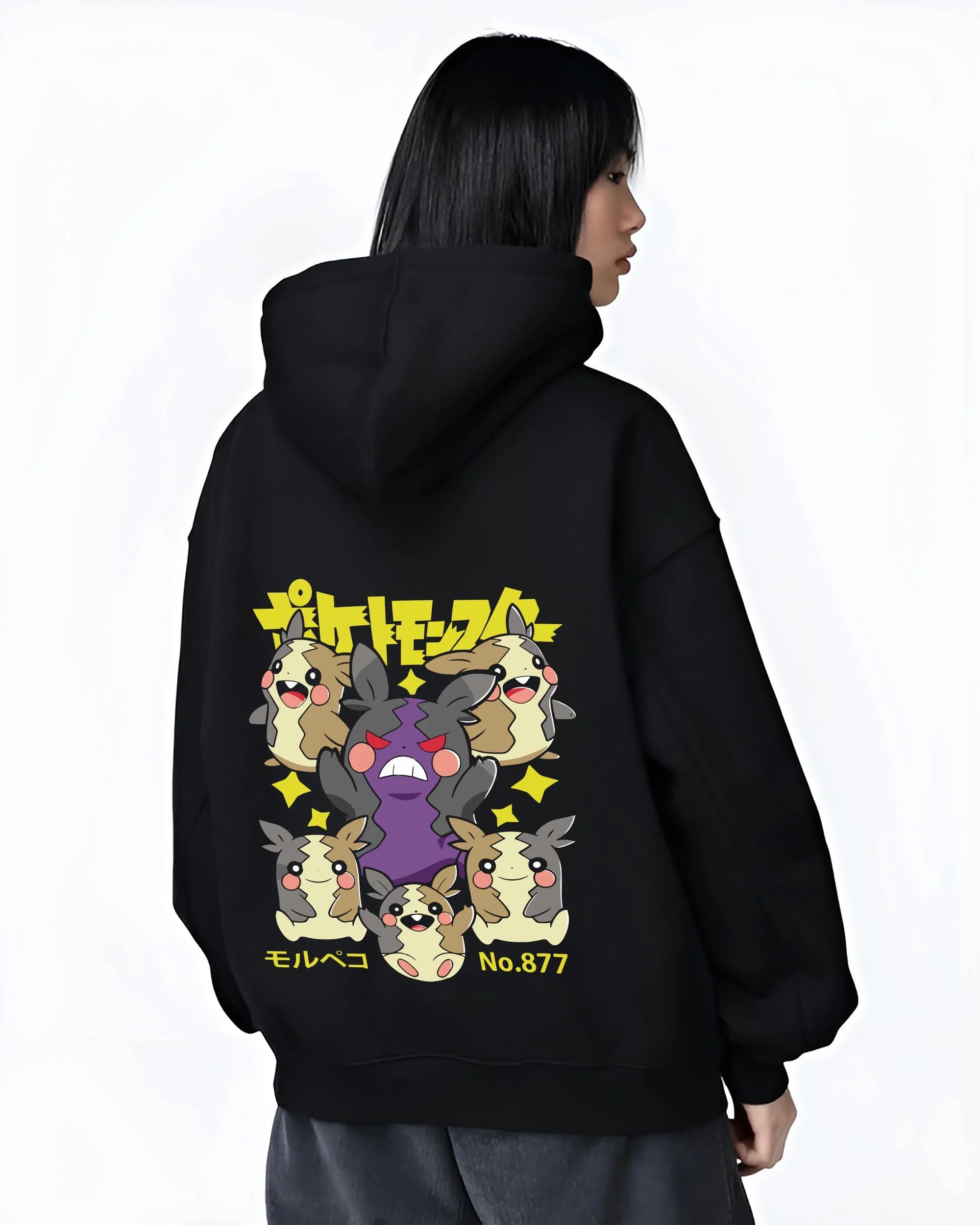 Black hoodie worn by female model, back view with Morpeko Hoodie Pokémon Character Evolution graphic bold anime graphic.
