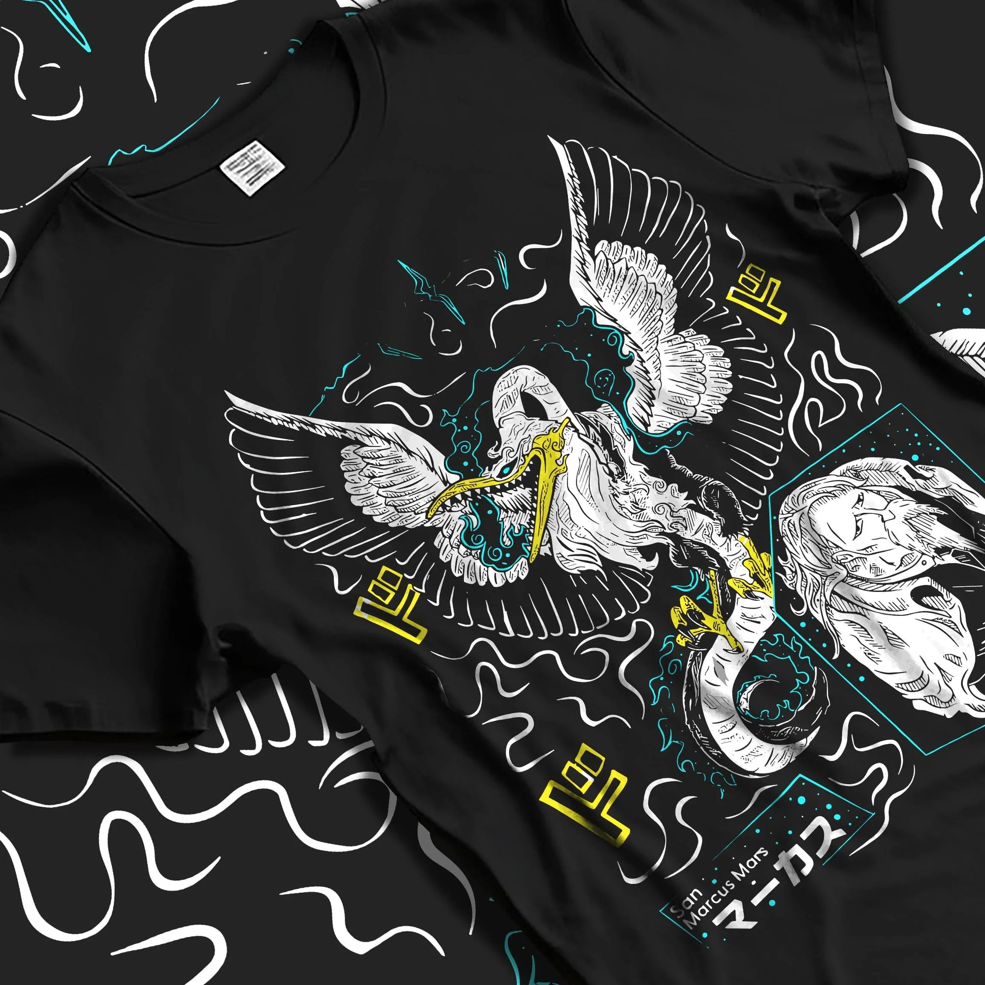 Black T-shirt laid flat with natural folds with Marcus Hoodie Saint Seiya Mythical Phoenix Armor graphic bold anime graphic.