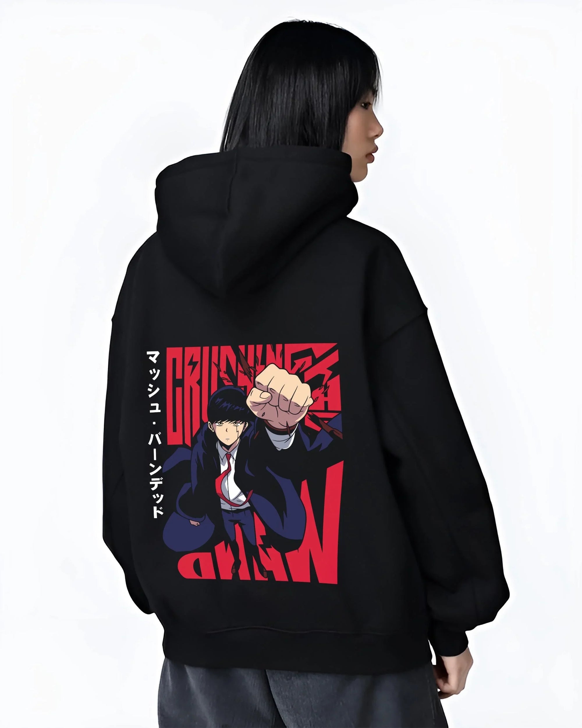 Black hoodie worn by female model, back view with Mash Burnedead Hoodie Mashle Power Fist graphic premium wear.