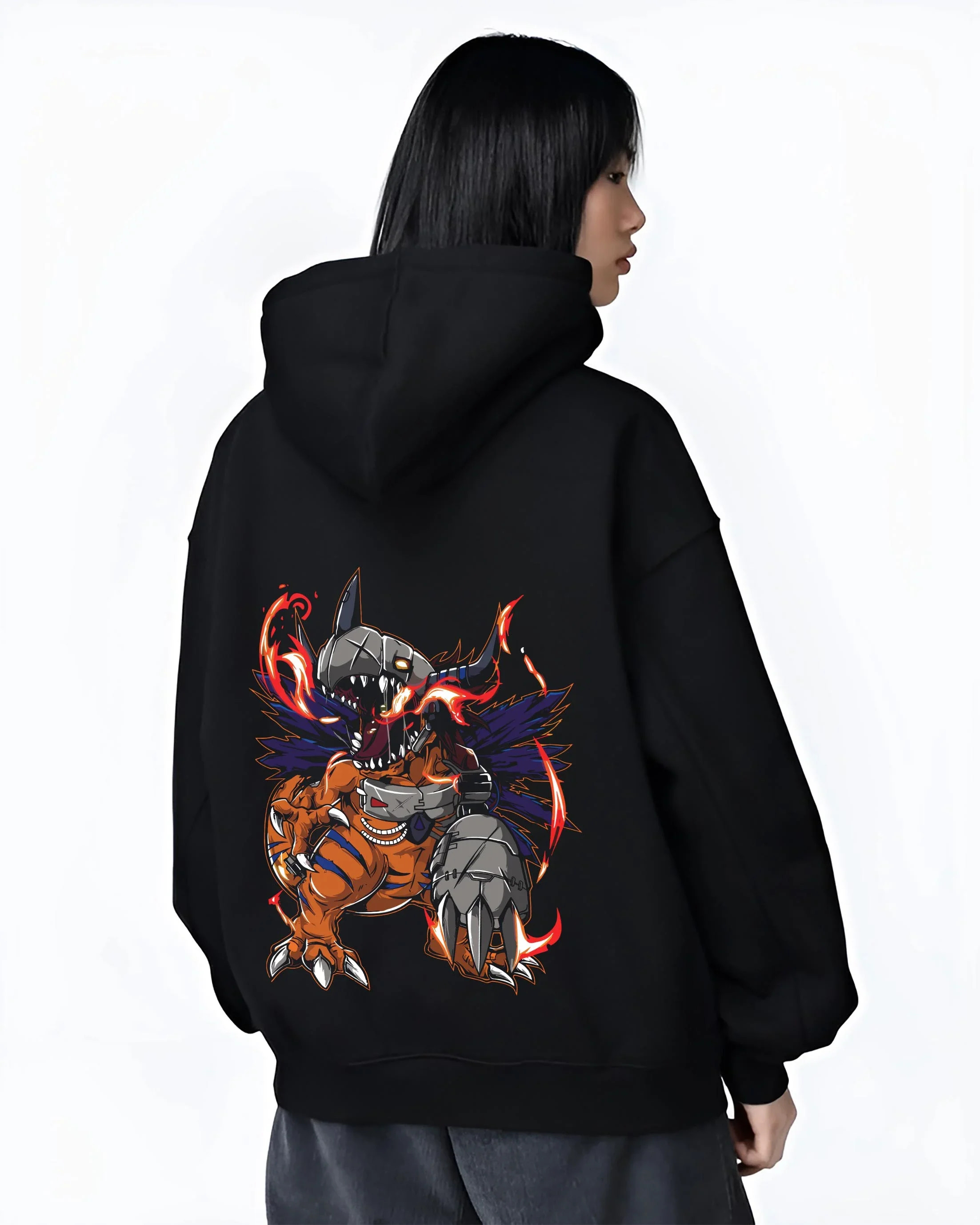 Black hoodie worn by female model, back view with MetalGreymon Hoodie Digimon Evolution Monster graphic streetwear graphic.