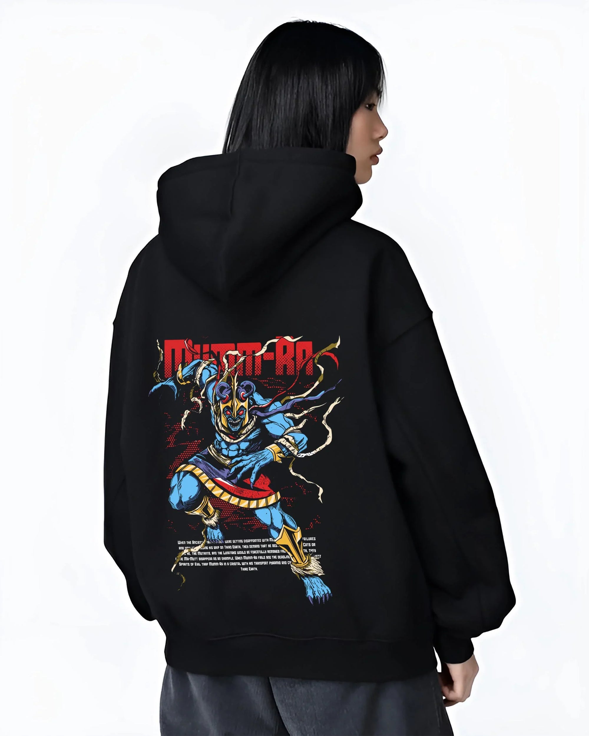 Black hoodie worn by female model, back view with Mumm-Ra Hoodie Thundercats Ancient Evil Power graphic premium wear.