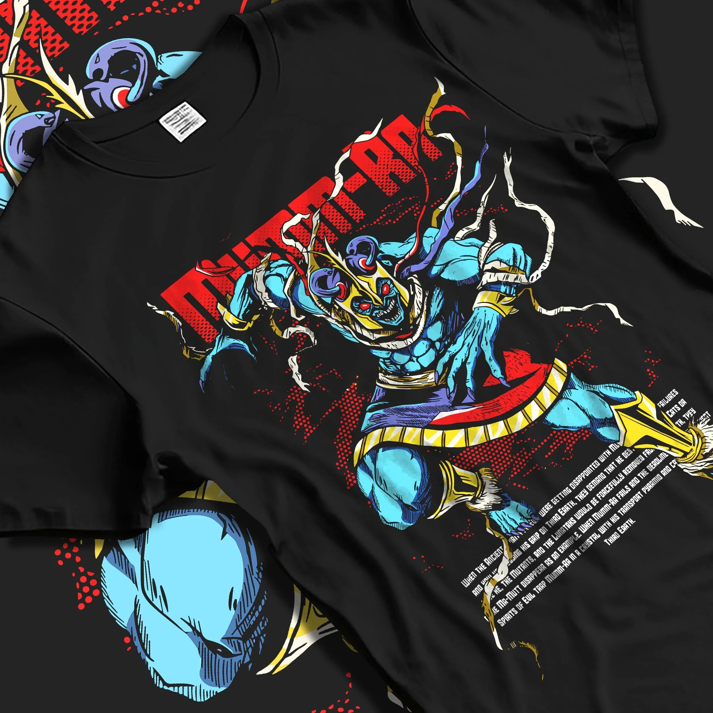 Black T-shirt laid flat with natural folds with Mumm-Ra Hoodie Thundercats Ancient Evil Power graphic streetwear graphic.