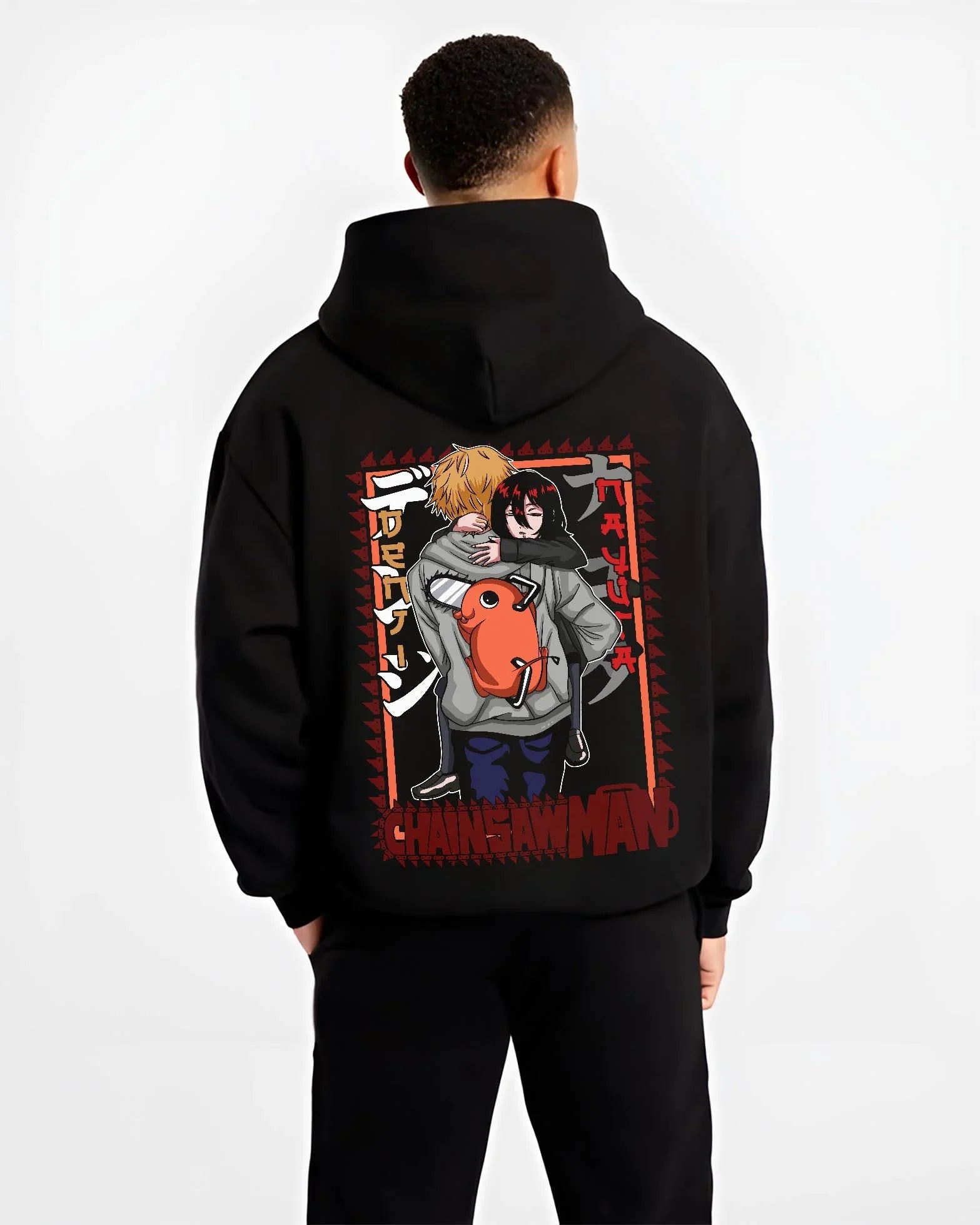 Black hoodie worn by male model, back view with Nayuta Hoodie Chainsaw Man Future Devil Girl Design graphic streetwear graphic.