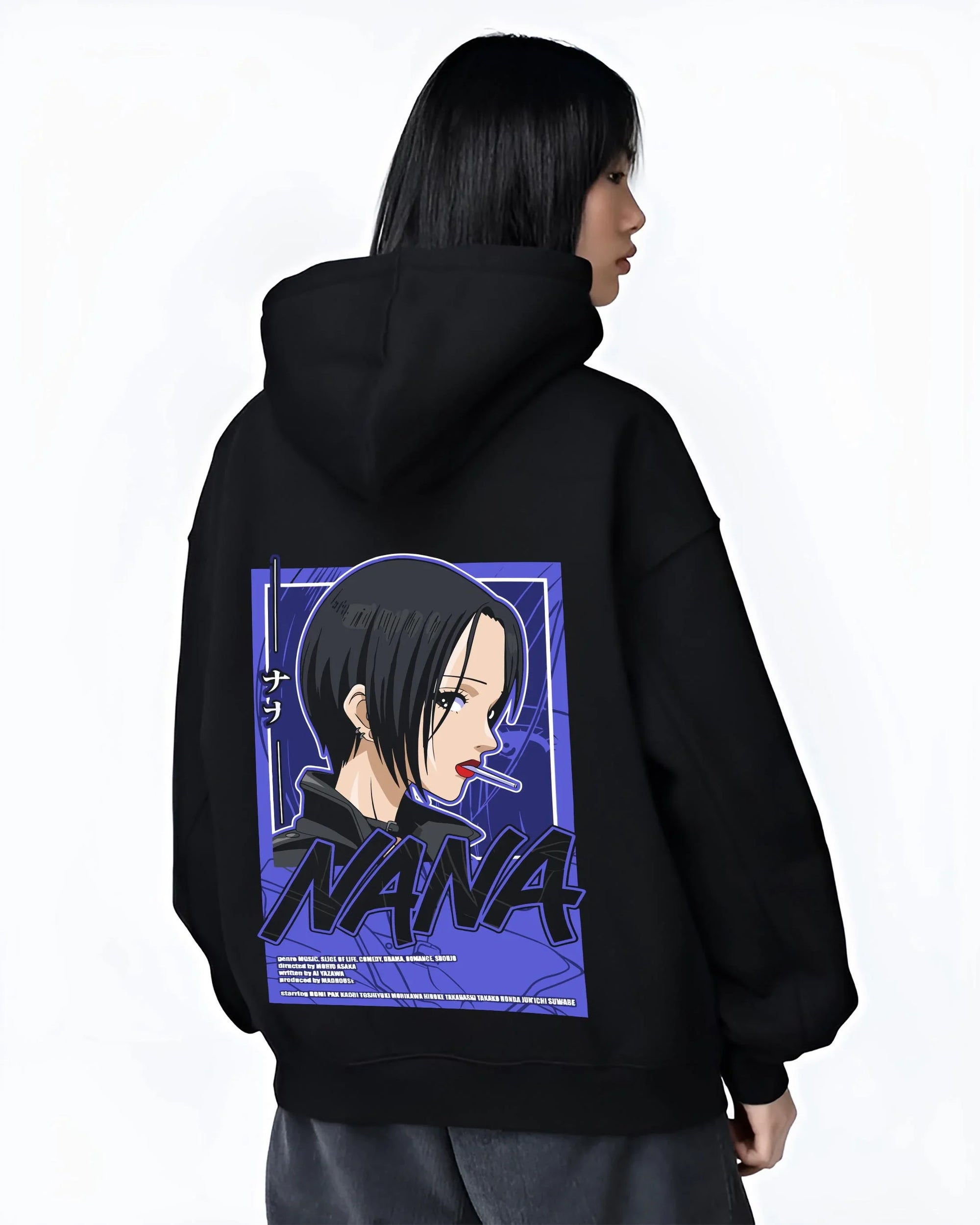 Black hoodie worn by female model, back view with Osaragi Hoodie Oshi no Ko School Uniform graphic bold anime graphic.
