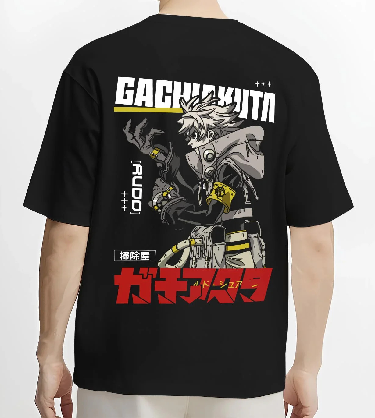 Black T-shirt worn by male model, back view with Rudo Hoodie Gachiakuta Combat Jacket Edition graphic Rudo anime design.