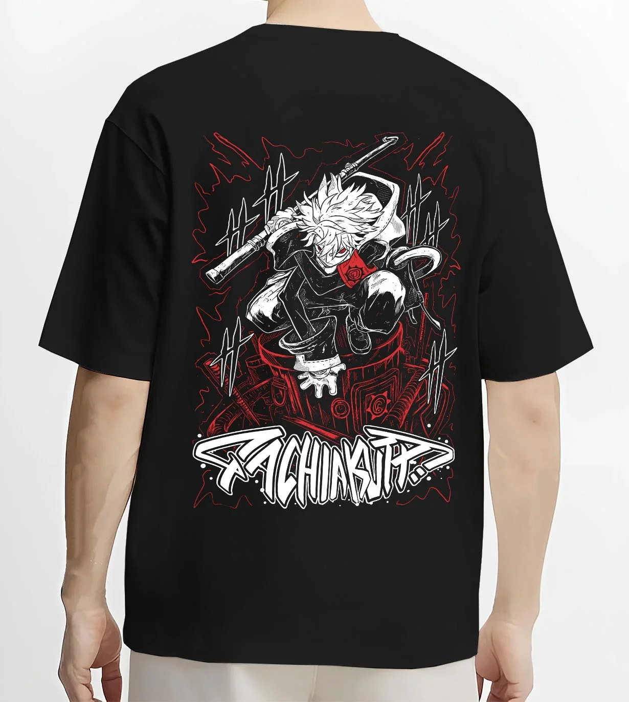 Black T-shirt worn by male model, back view with Rudo Hoodie Gachiakuta Sword Combat Stance graphic Rudo anime design.