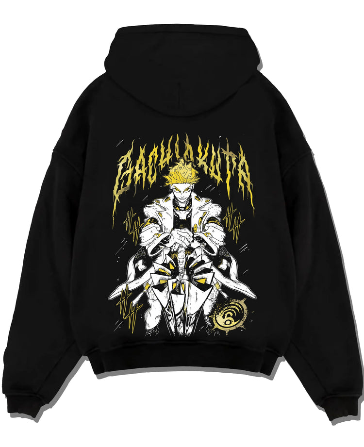 Black pullover hoodie laid flat with Rudo Hoodie Gachiakuta Skeletal Yellow Art graphic vintage manga graphic.