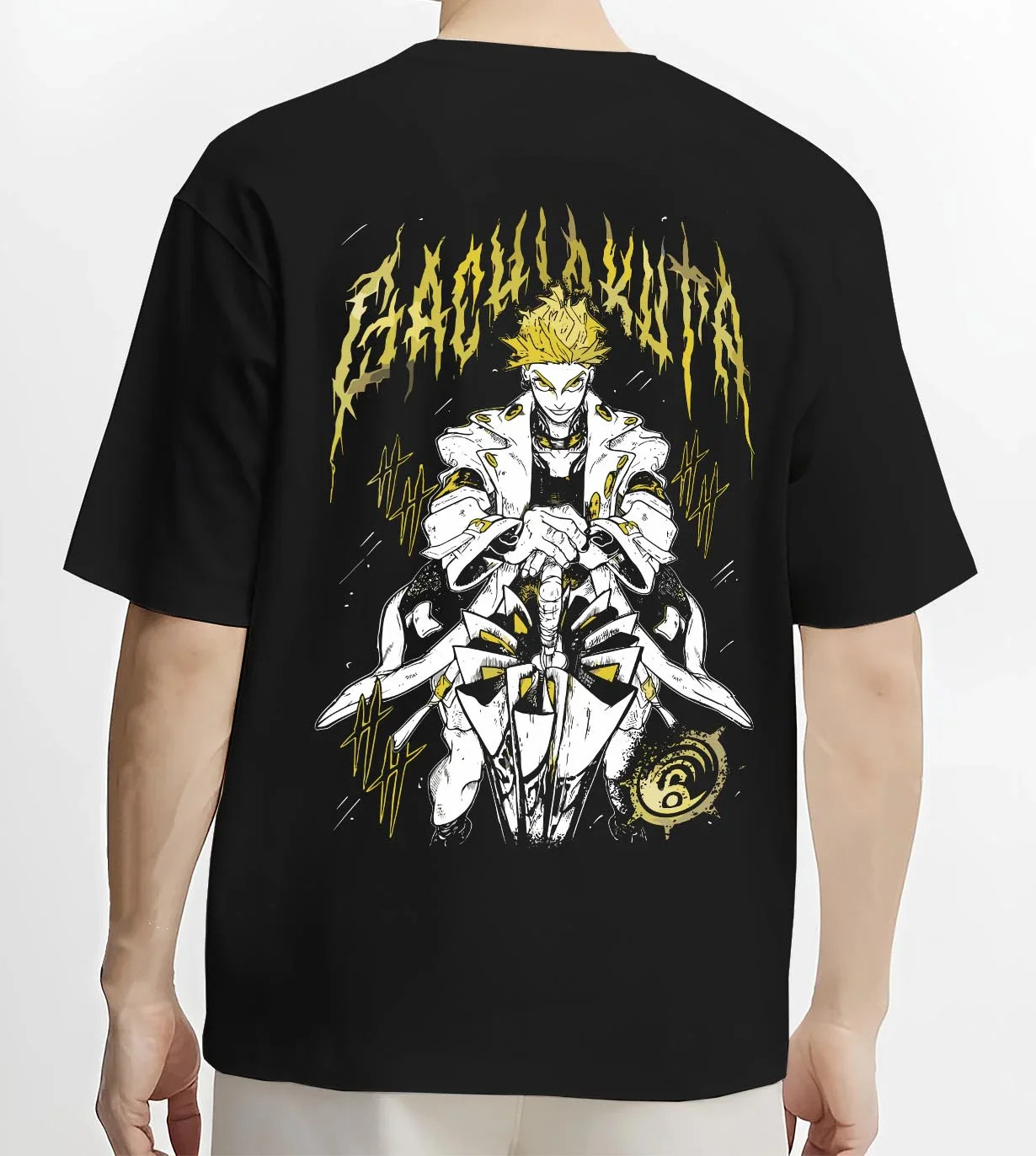 Black T-shirt worn by male model, back view with Rudo Hoodie Gachiakuta Skeletal Yellow Art graphic bold anime graphic.