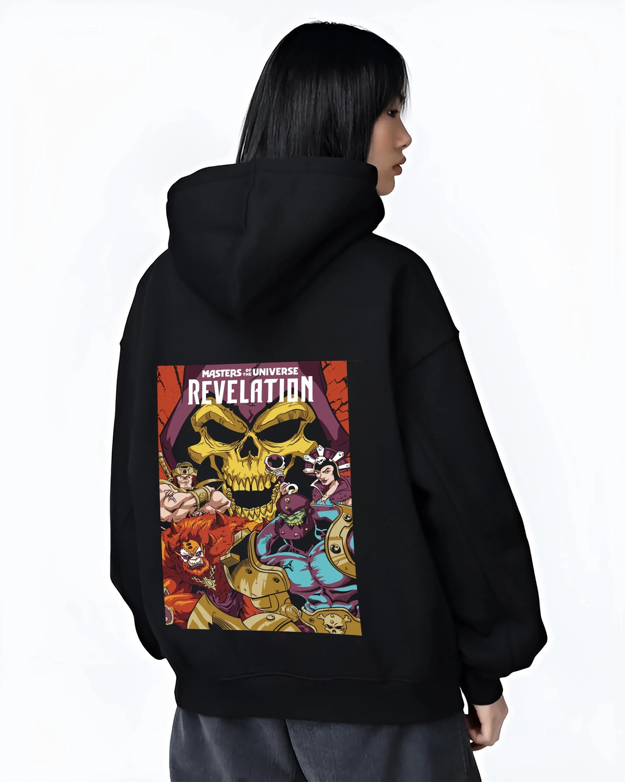 Black hoodie worn by female model, back view with Skeletor Hoodie Masters of the Universe Villain graphic streetwear graphic.