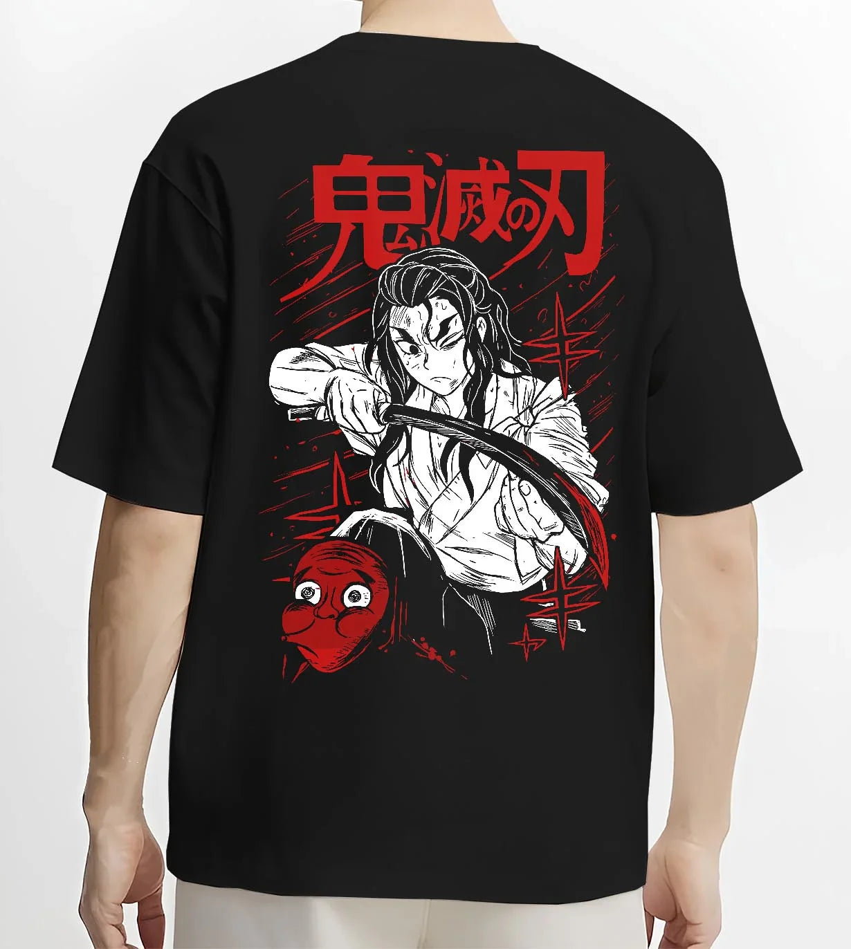 Black T-shirt worn by male model, back view with Slayer Group Hoodie Demon Slayer Corps Hashira Anime graphic streetwear graphic.