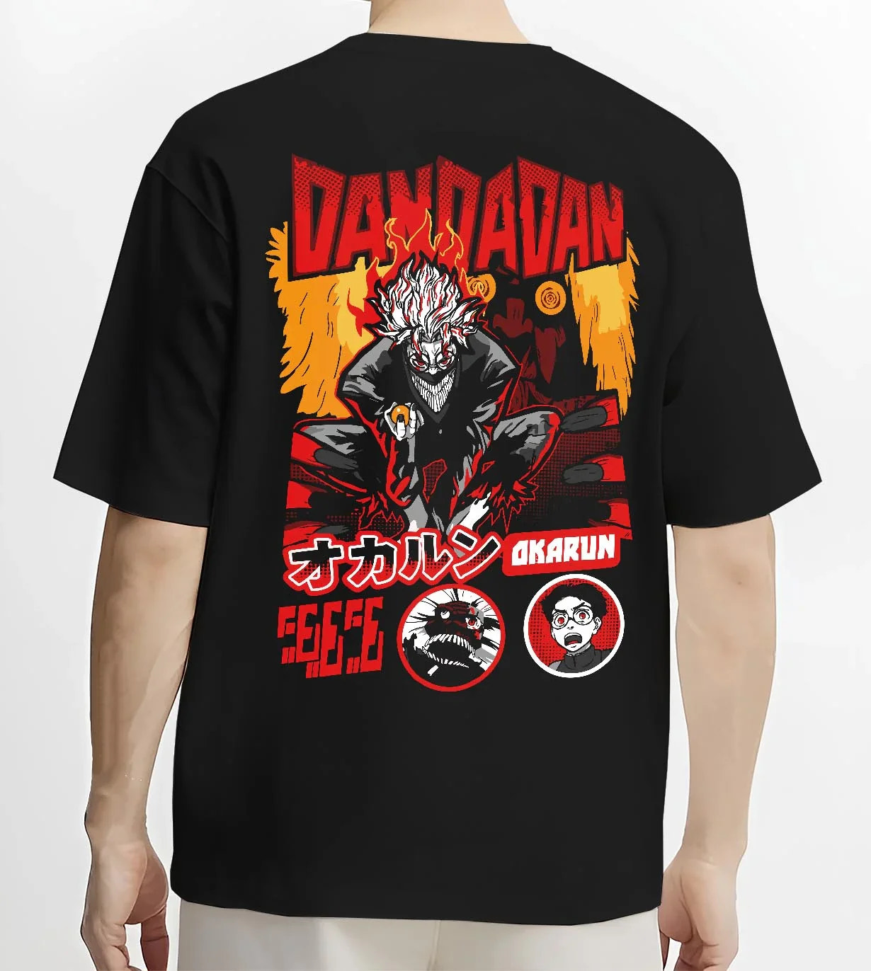 Black T-shirt worn by male model, back view with Okarun Hoodie Dandadan Possessed Spirit Alien Fight graphic Okarun anime design.
