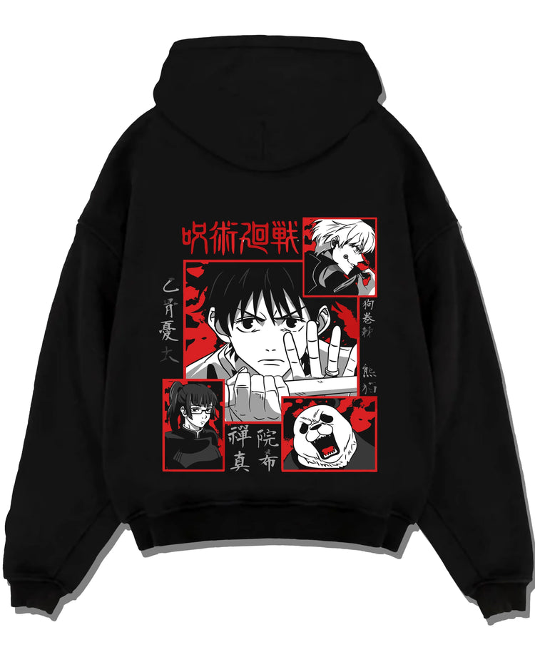 Black pullover hoodie laid flat with Yuta Okkotsu Hoodie Jujutsu Kaisen Cursed Sword graphic streetwear graphic.