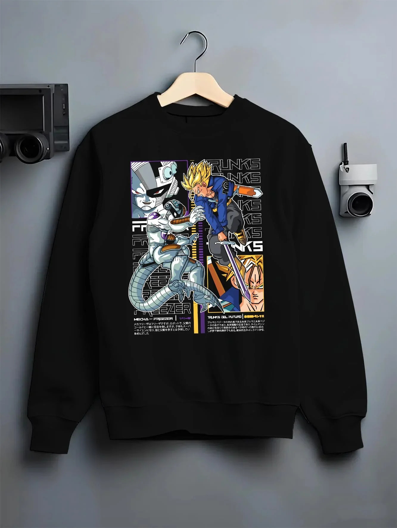 Black crewneck sweatshirt on hanger with Trunks Frieza Hoodie Dragon Ball Z Saiyan Villain graphic premium wear.