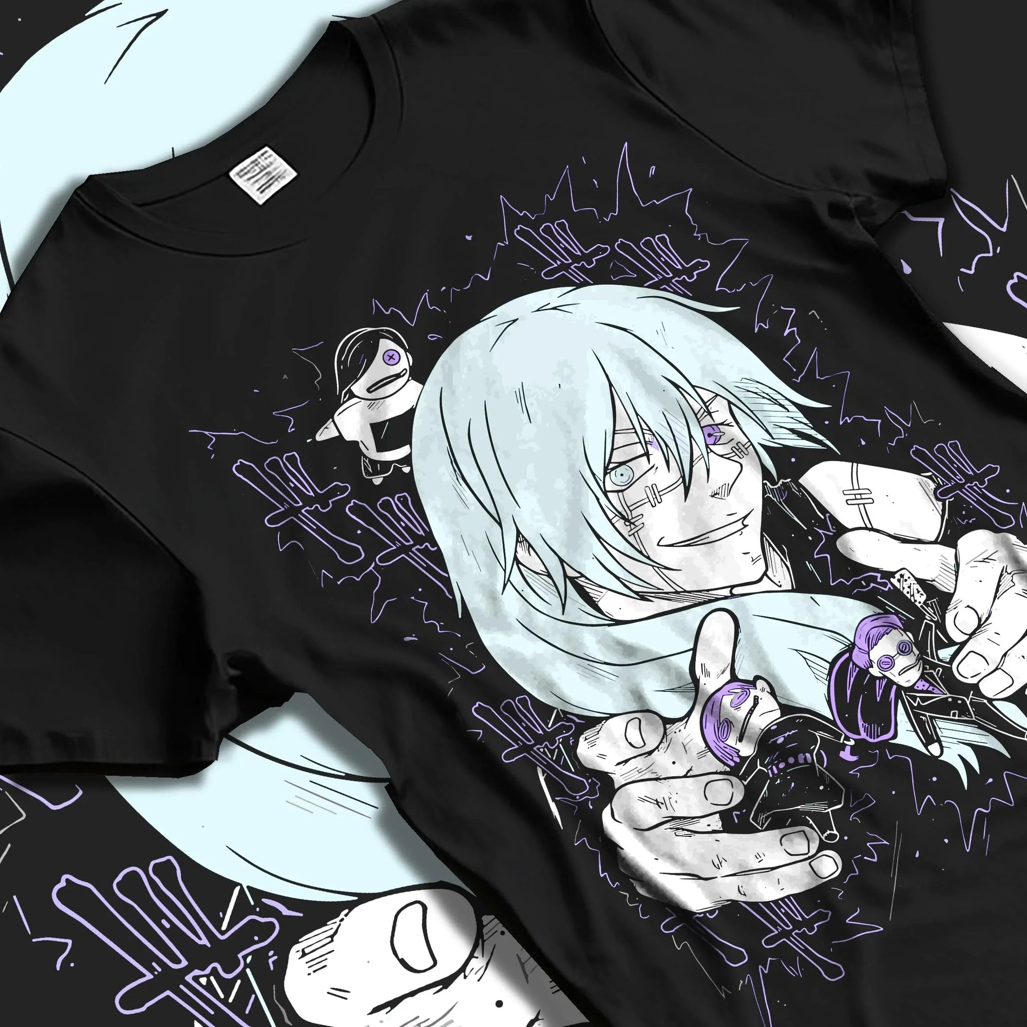 Black T-shirt laid flat with natural folds with Satoru Gojo Hoodie Jujutsu Kaisen Infinity Power graphic bold anime graphic.