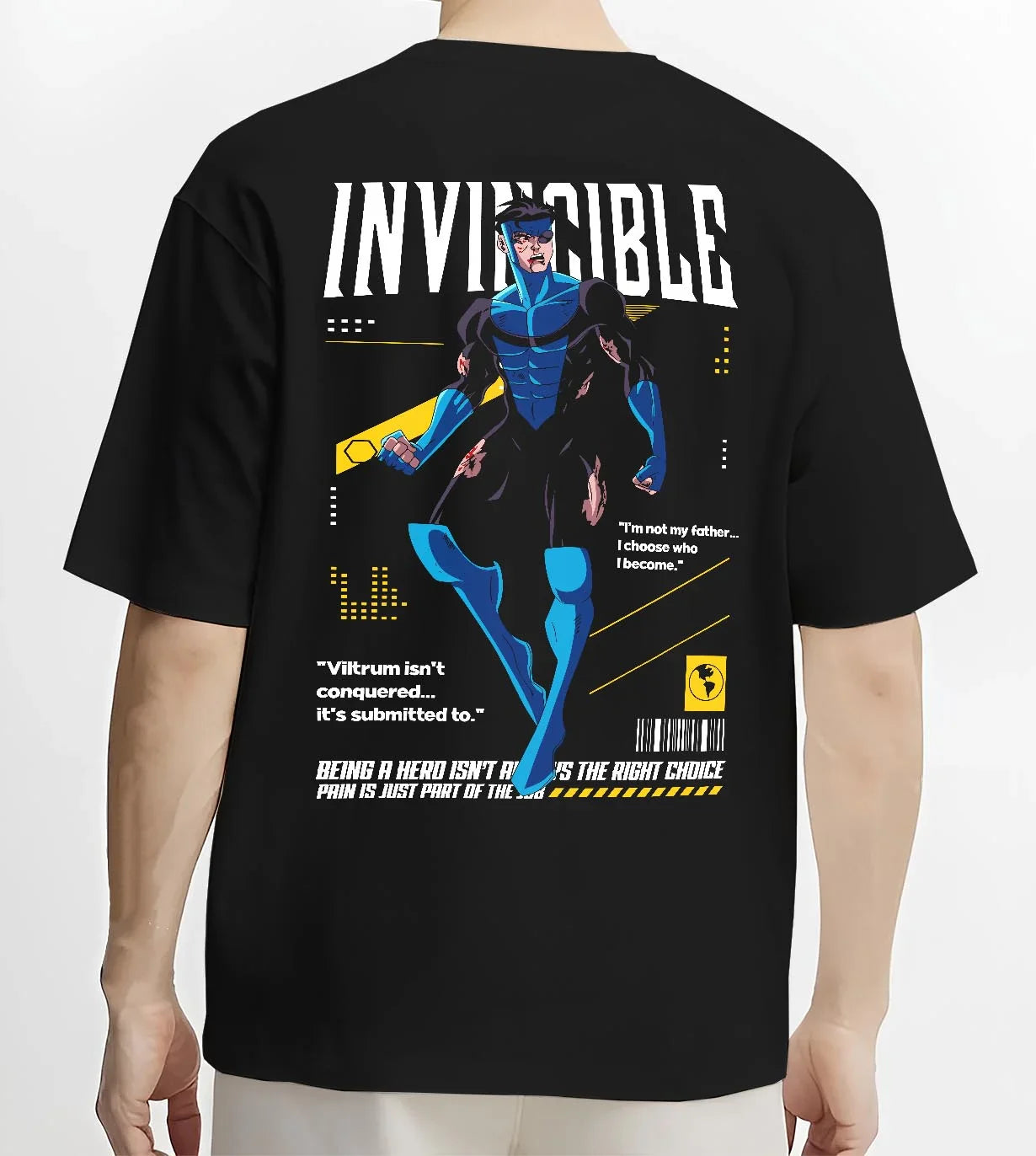 Black T-shirt worn by male model, back view with Invincible Hoodie Omni Man Mark Grayson Superhero graphic premium wear.