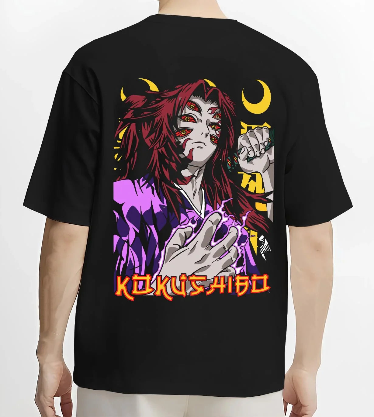 Black T-shirt worn by male model, back view with Kokushibo Hoodie Demon Slayer Upper Moon Power graphic streetwear graphic.
