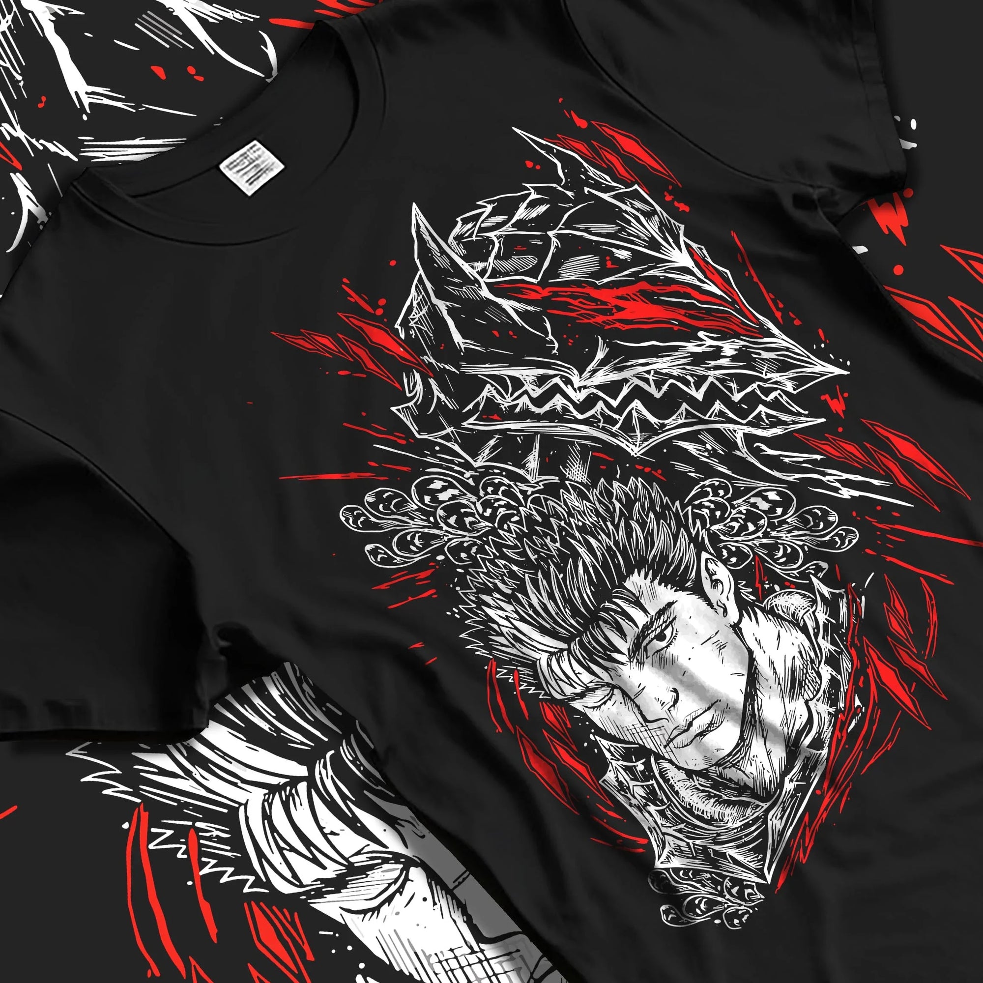 Black T-shirt laid flat with natural folds with Guts Berserk Hoodie Wolf Knight Dark Swordsman Anime graphic Guts anime design.