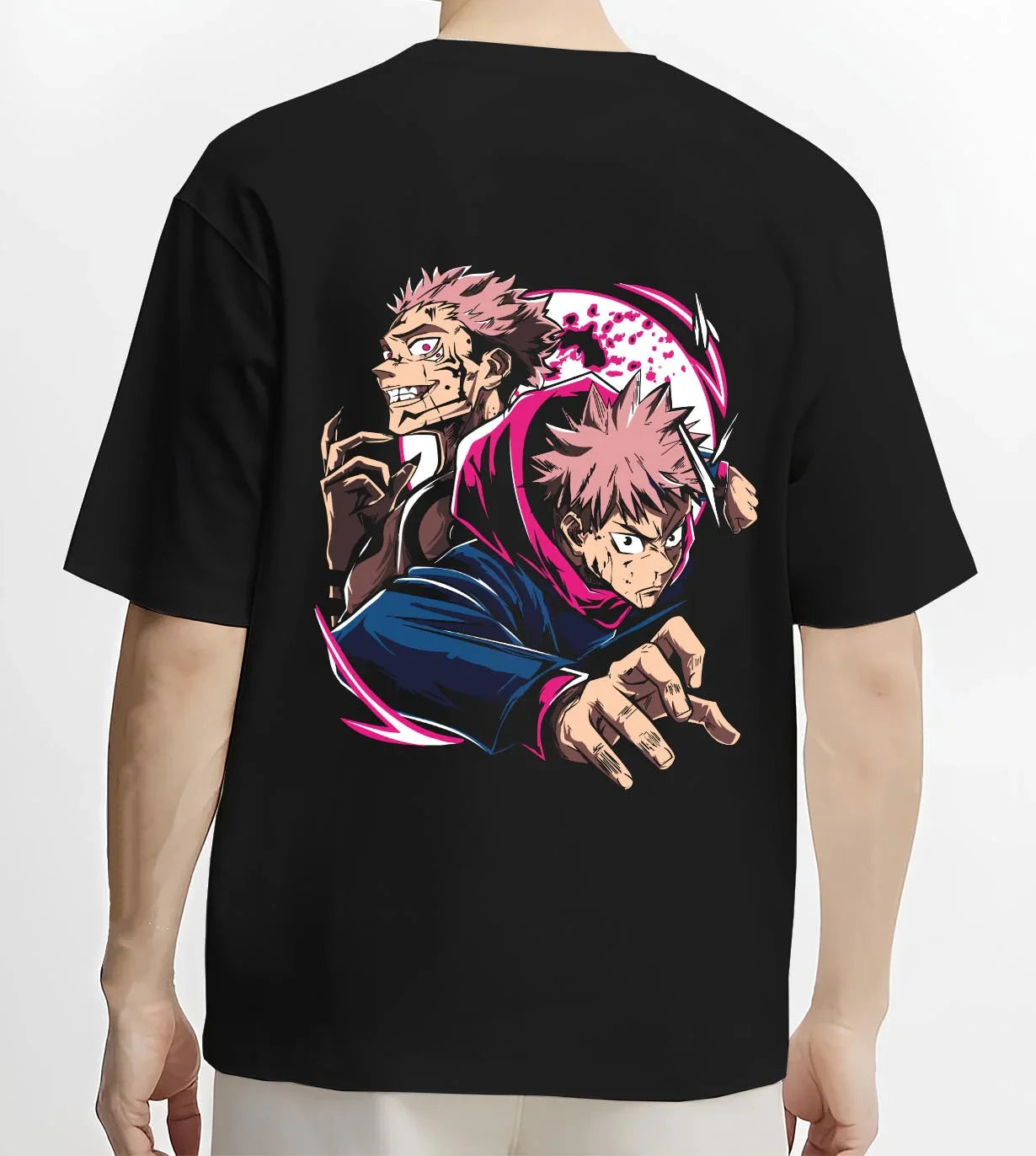 Black T-shirt worn by male model, back view with Yuji Itadori Hoodie Jujutsu Kaisen Cursed Energy graphic streetwear graphic.