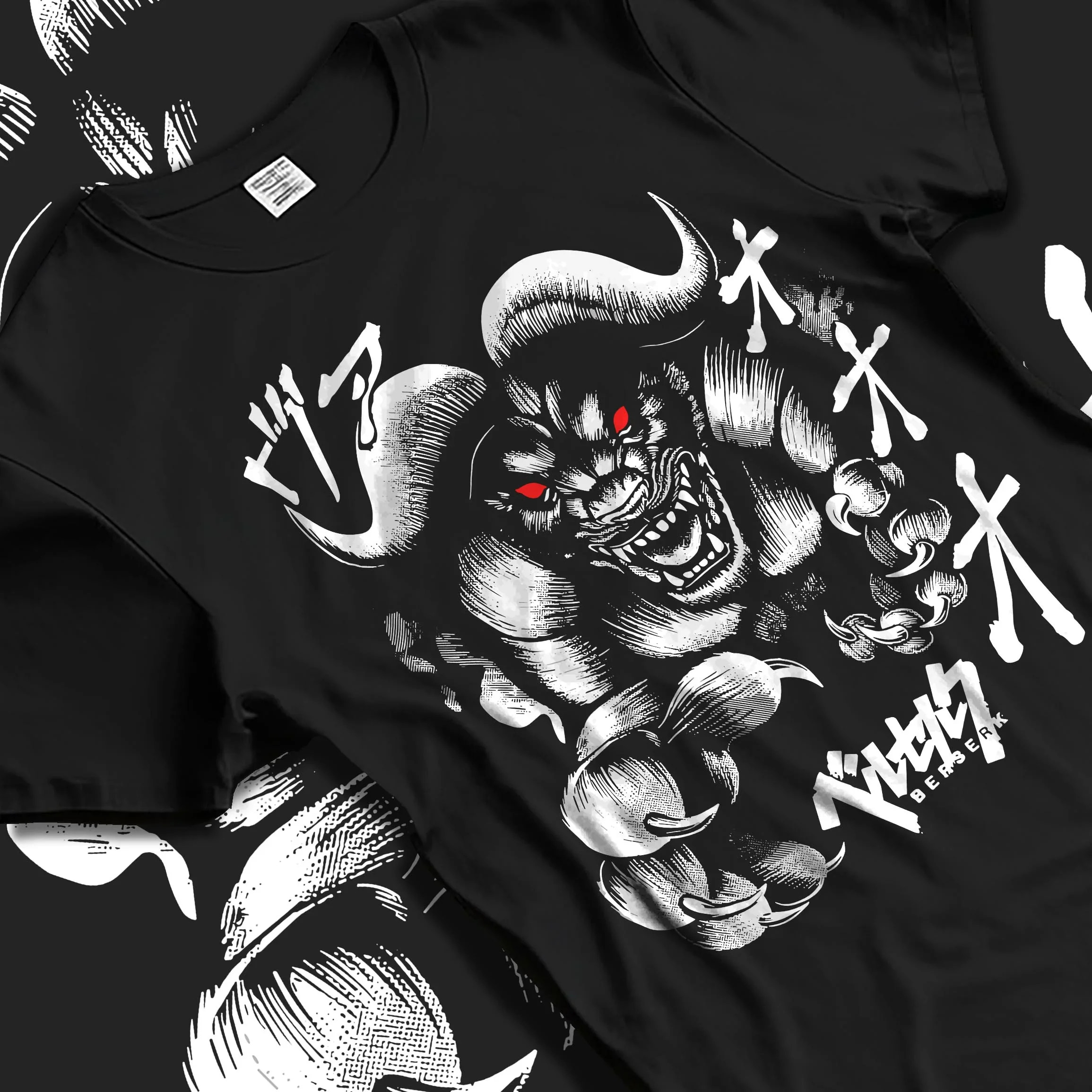 Black T-shirt laid flat with natural folds with Zodd Hoodie Berserk Apostle Demon Beast Swordsman graphic bold anime graphic.