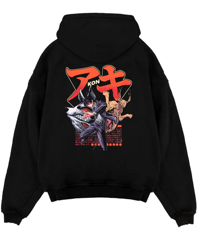Black pullover hoodie laid flat on a white background, featuring Aki Chainsaw Man anime poster inspired artwork with fox devil in retro manga battle design.